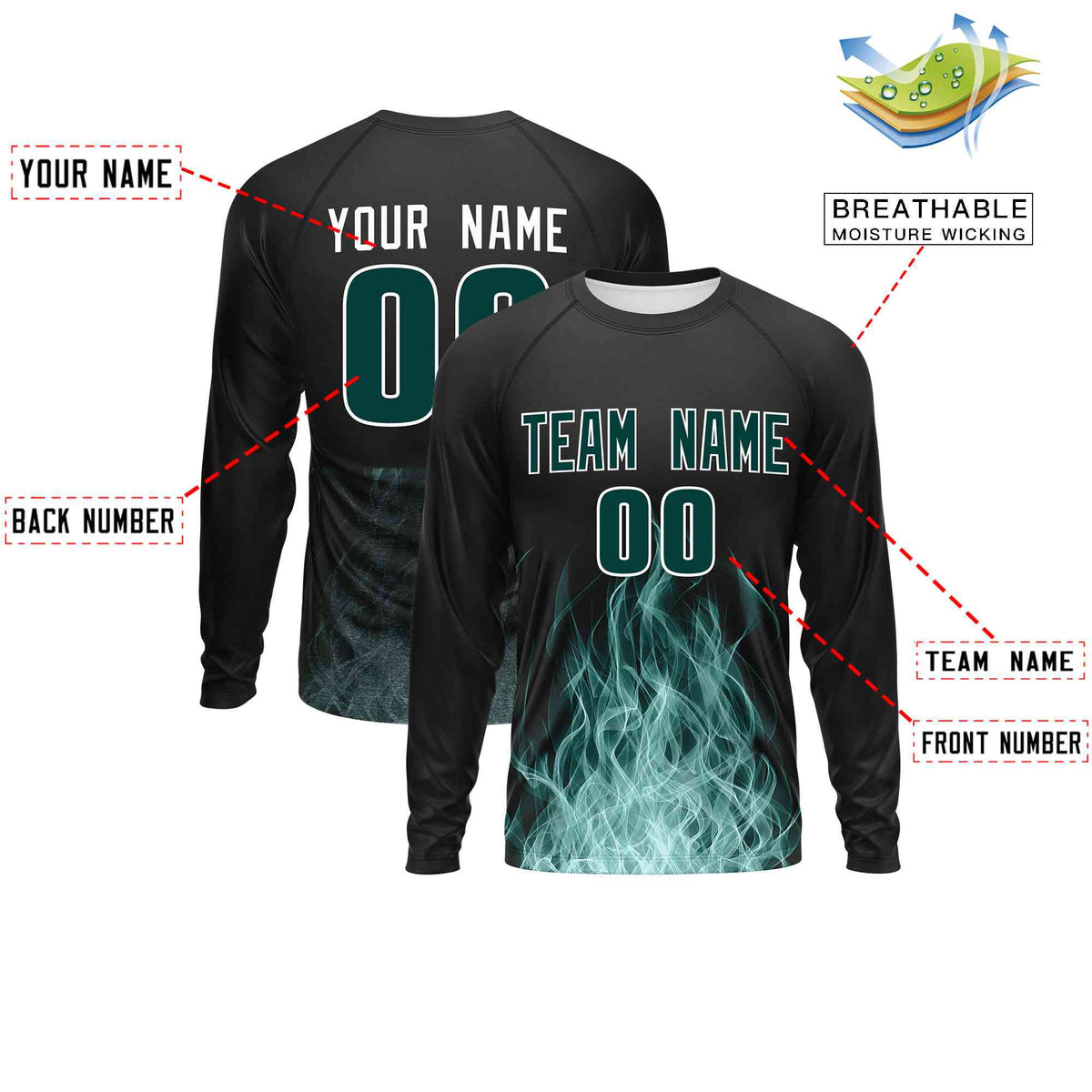 Custom Black Midnight Green Colorful Flame Pattern Long Sleeve Performance T-Shirt| KXKSHOP