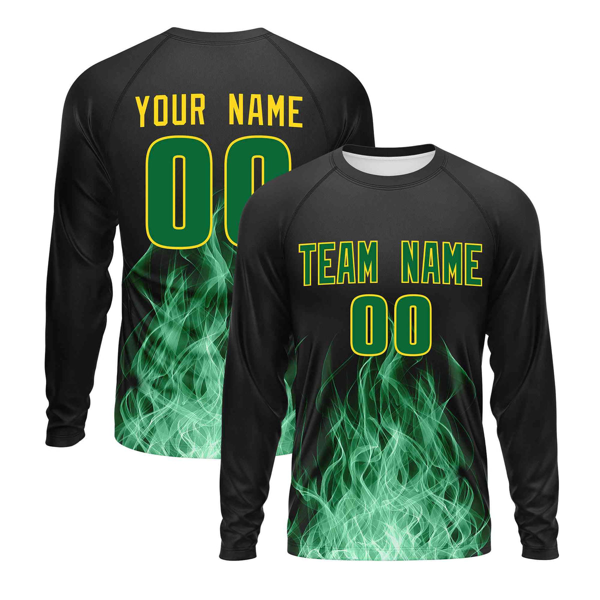 Custom Black Kelly Green Colorful Flame Pattern Long Sleeve Performance T-Shirt| KXKSHOP