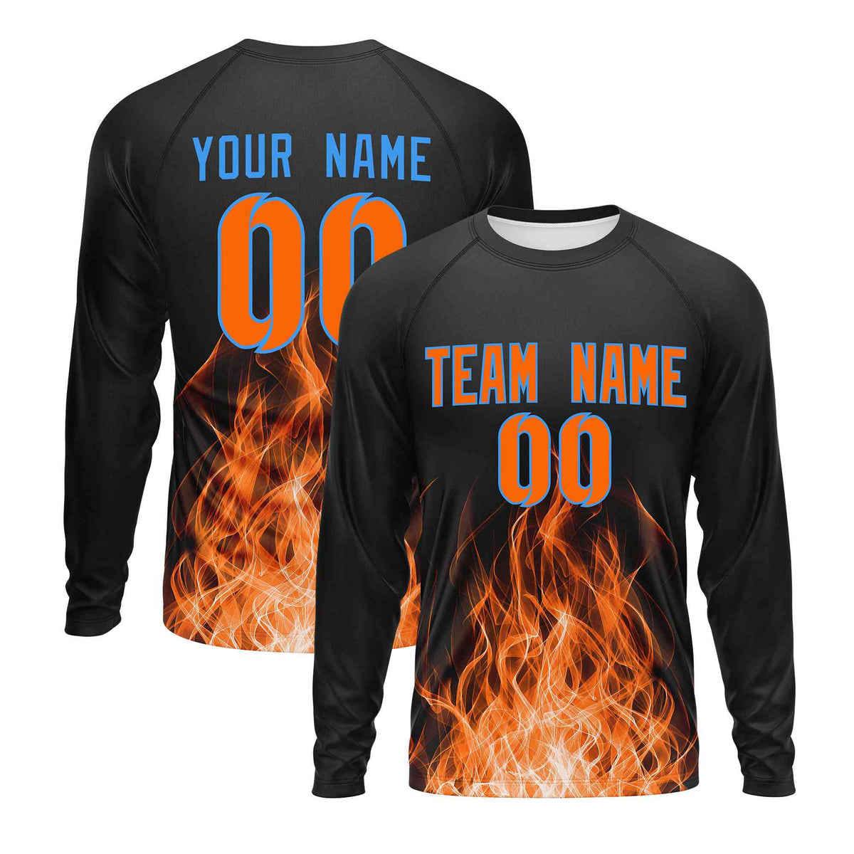 Custom Black Orange Colorful Flame Pattern Long Sleeve Performance T-Shirt