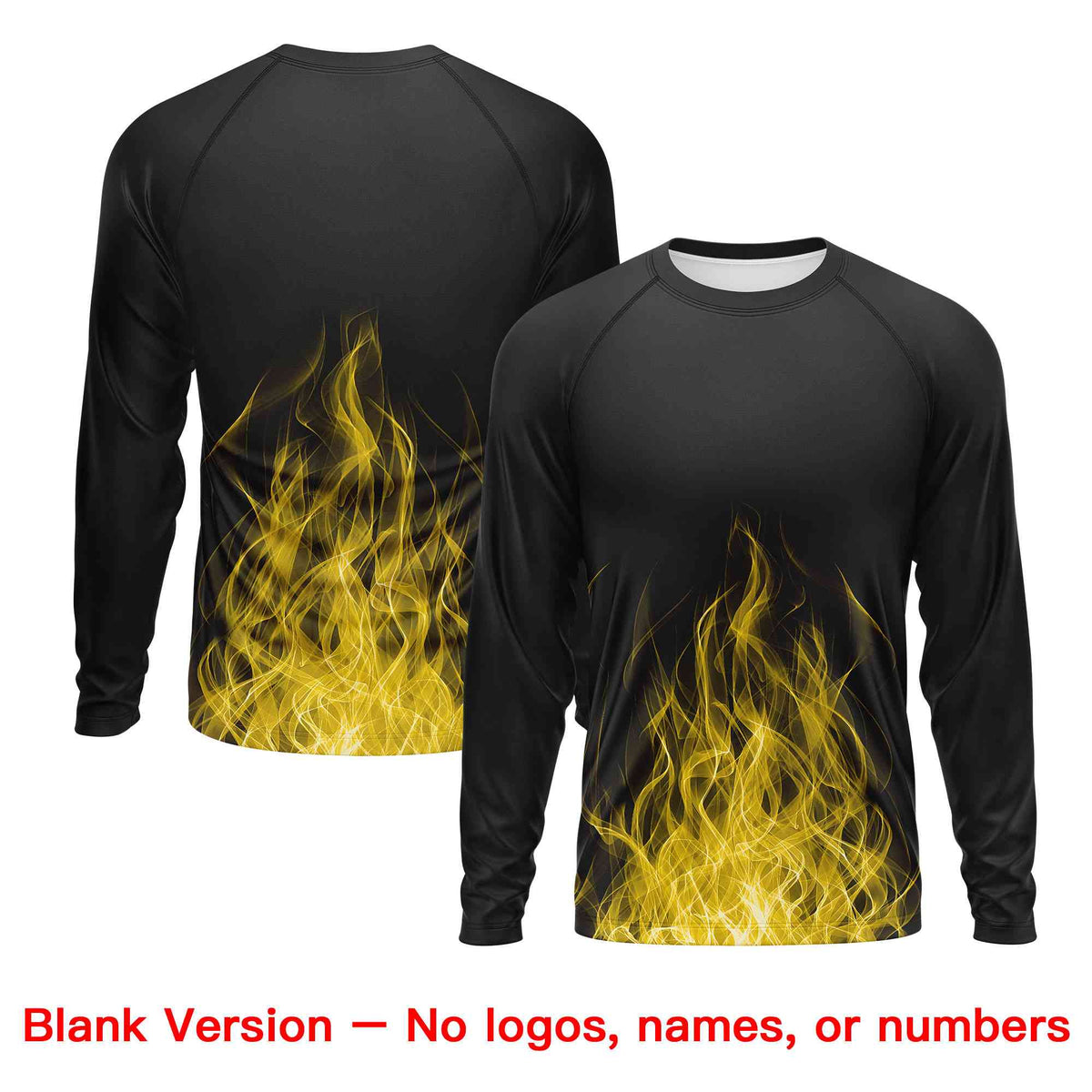 Custom Black Gold Colorful Flame Pattern Long Sleeve Performance T-Shirt