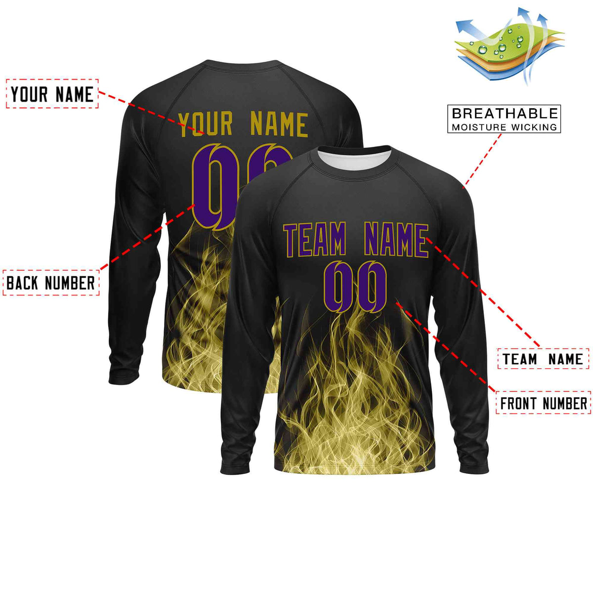 Custom Black Old Gold Colorful Flame Pattern Long Sleeve Performance T-Shirt