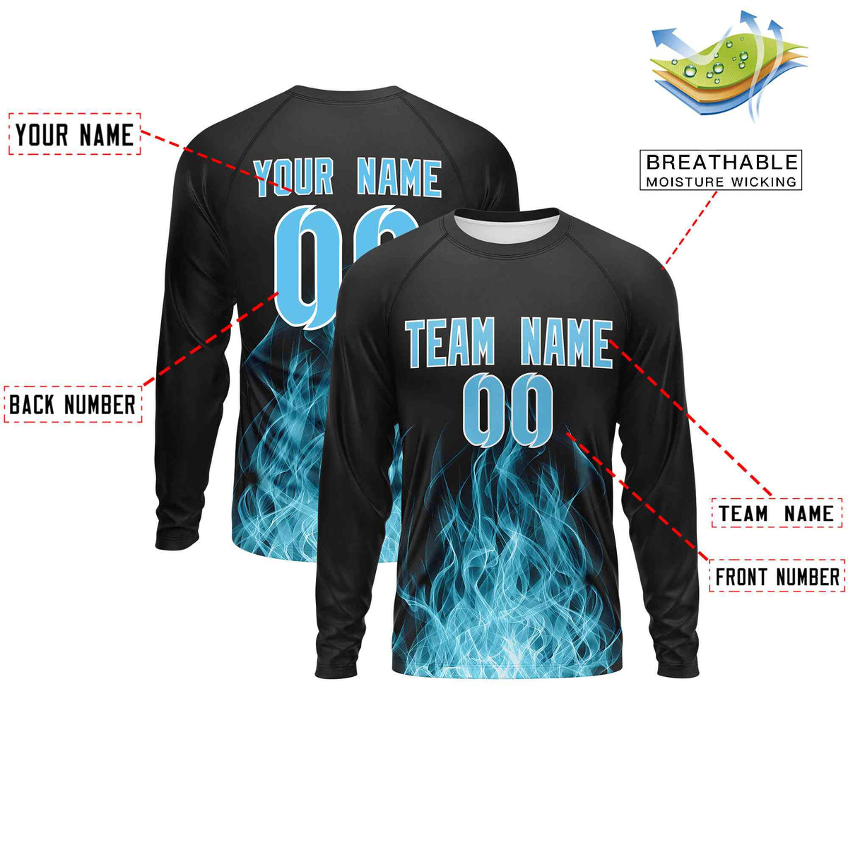 Custom Black Sky Blue Colorful Flame Pattern Long Sleeve Performance T-Shirt