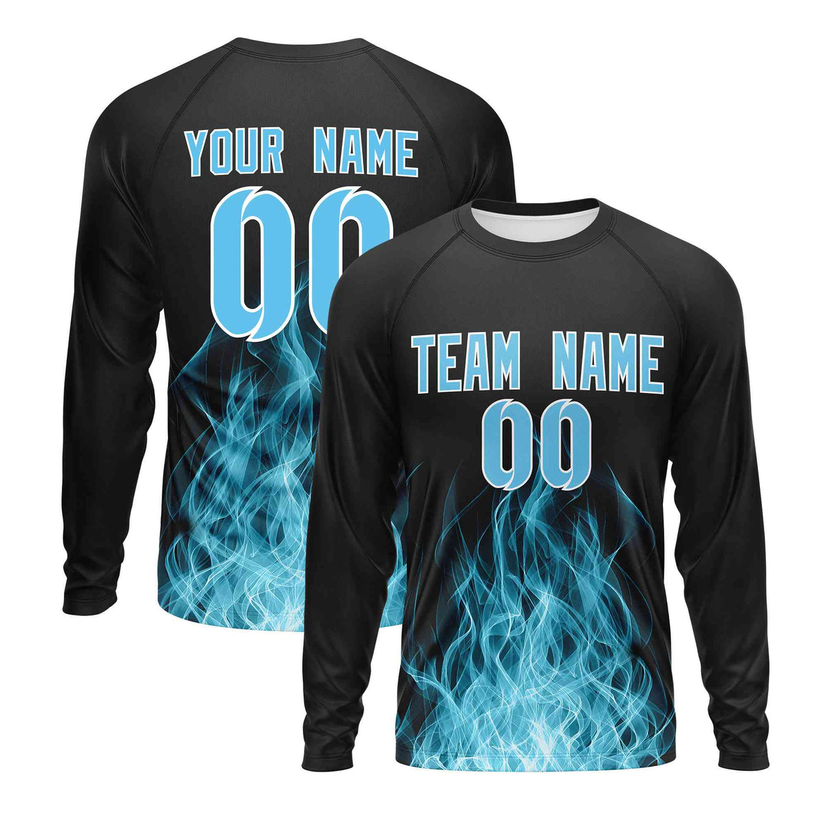 Custom Black Sky Blue Colorful Flame Pattern Long Sleeve Performance T-Shirt