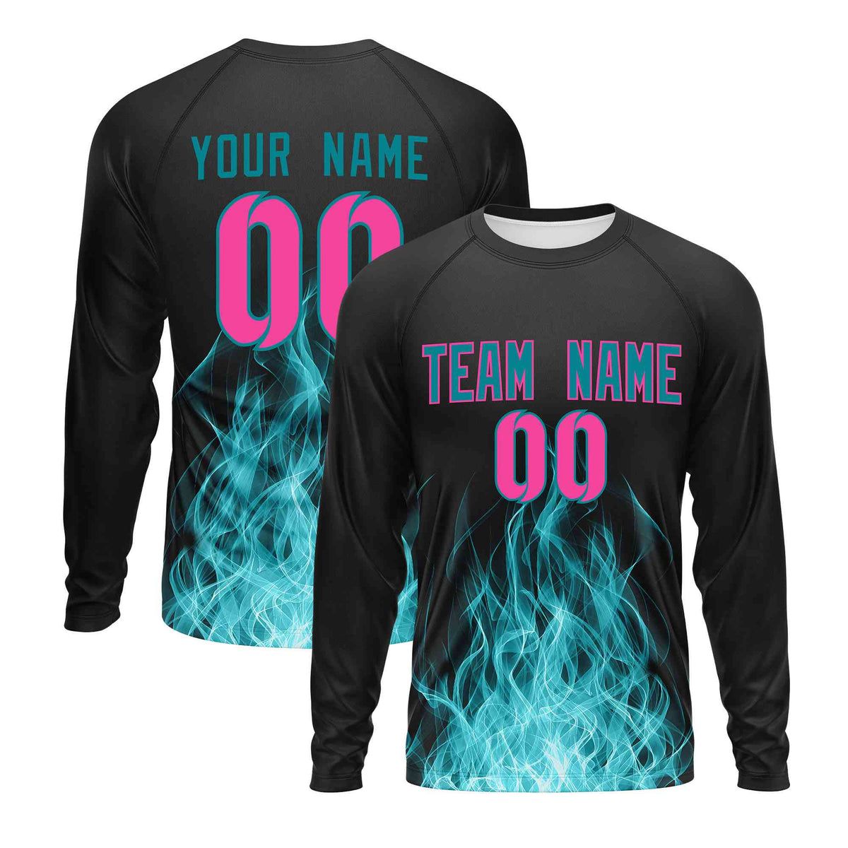 Custom Black Teal Colorful Flame Pattern Long Sleeve Performance T-Shirt