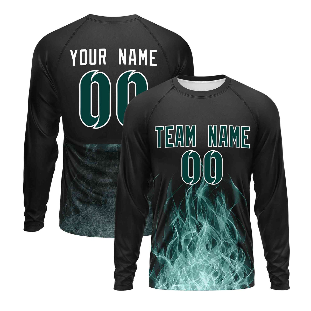 Custom Black Midnight Green Colorful Flame Pattern Long Sleeve Performance T-Shirt