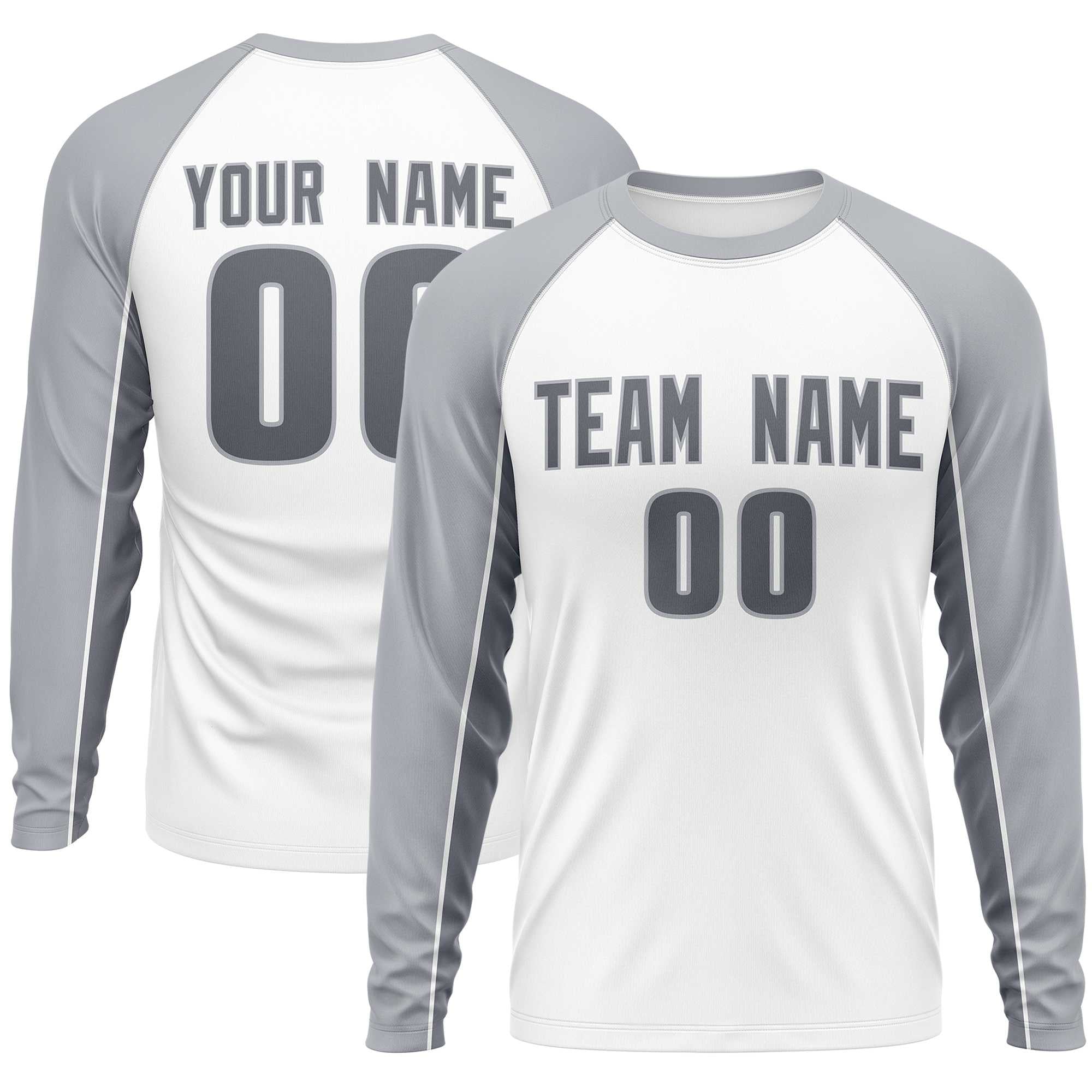 Custom White Gray Crew Neck Raglan Long Sleeve Performance T-Shirt | KXKSHOP