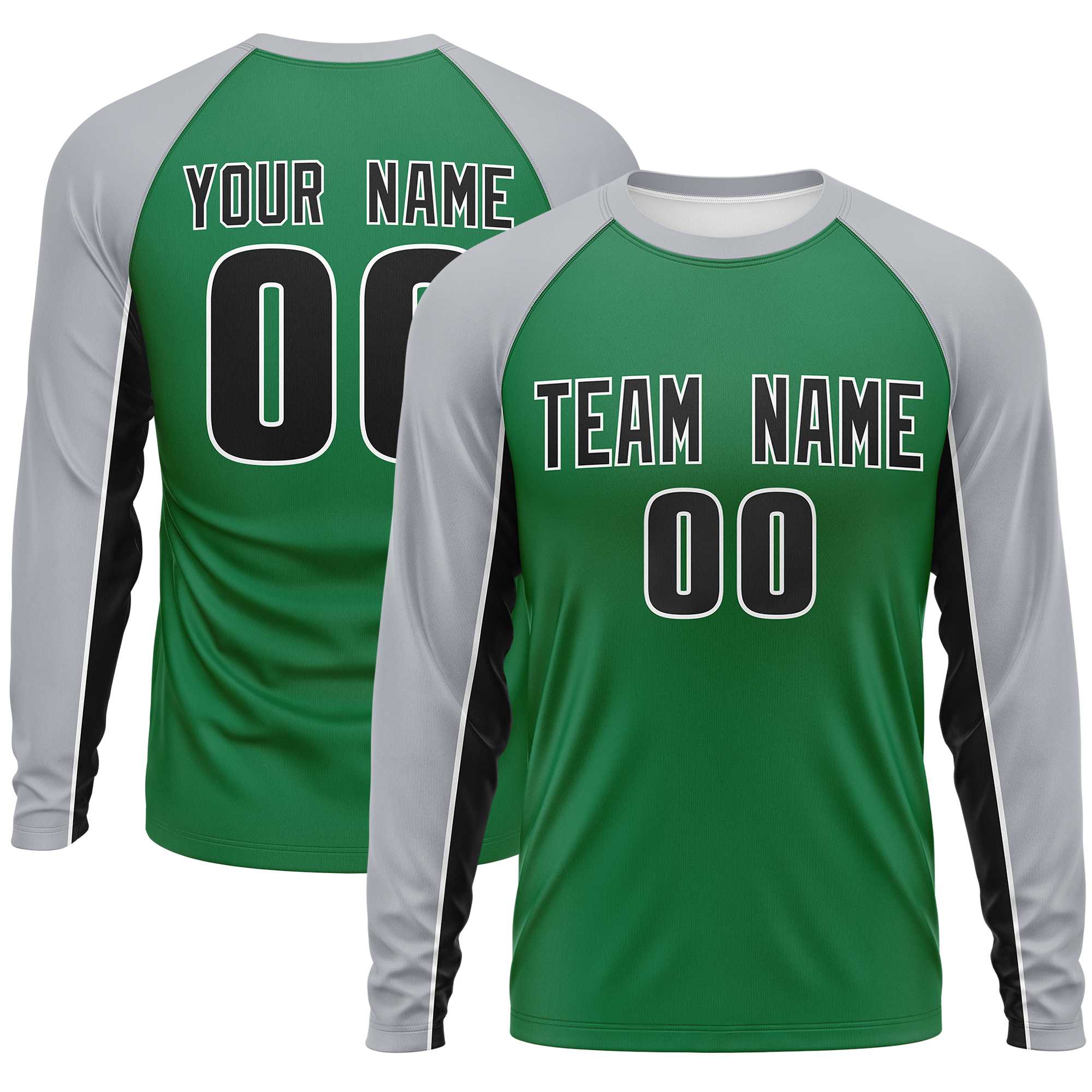 Custom Kelly Green Gray Crew Neck Raglan Long Sleeve Performance T-Shirt | KXKSHOP