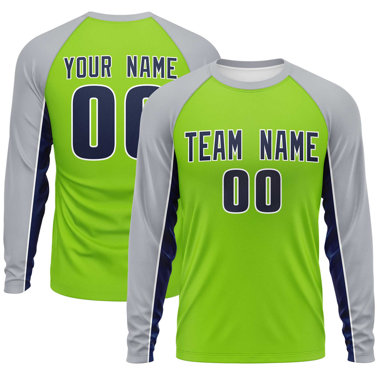 Custom Neon Green Gray Crew Neck Raglan Long Sleeve Performance T-Shirt | KXKSHOP
