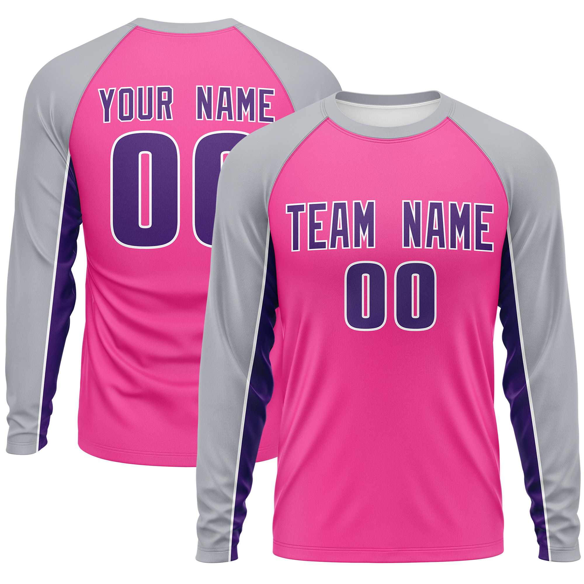 Custom Pink Gray Crew Neck Raglan Long Sleeve Performance T-Shirt | KXKSHOP