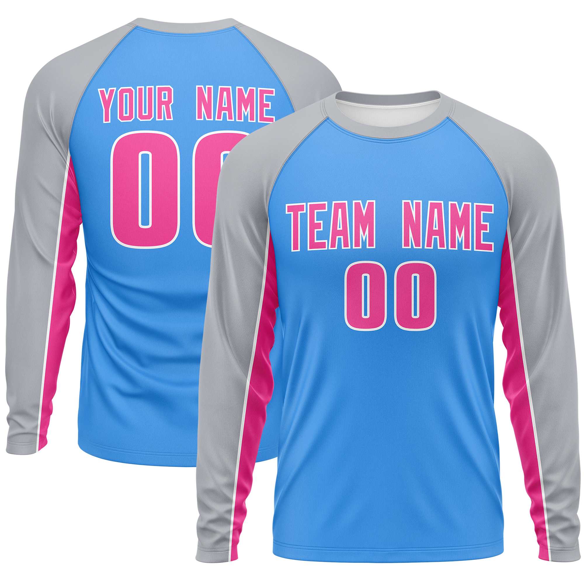 Custom Powder Blue Gray Crew Neck Raglan Long Sleeve Performance T-Shirt | KXKSHOP