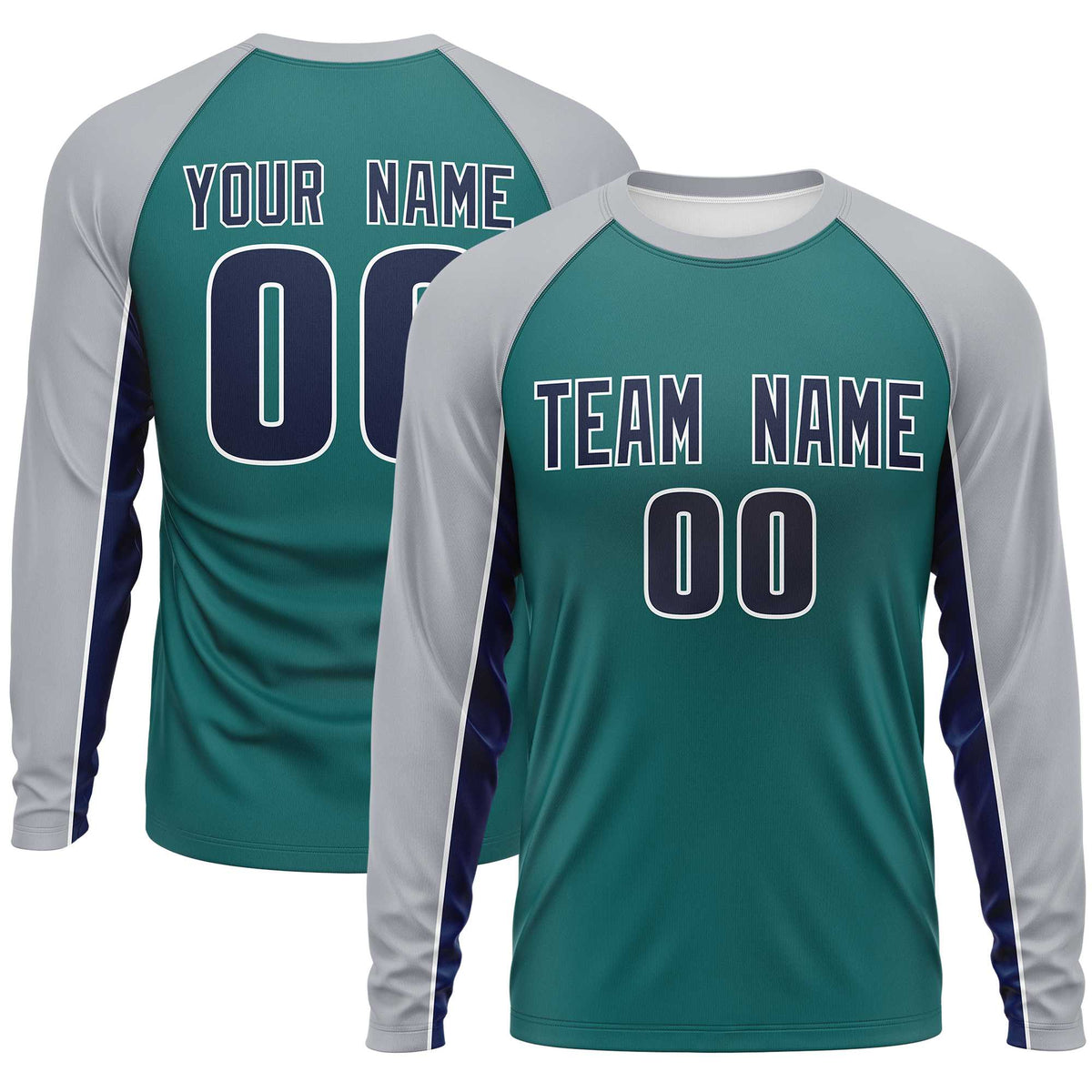 Custom Aqua Gray Crew Neck Raglan Long Sleeve Performance T-Shirt | KXKSHOP