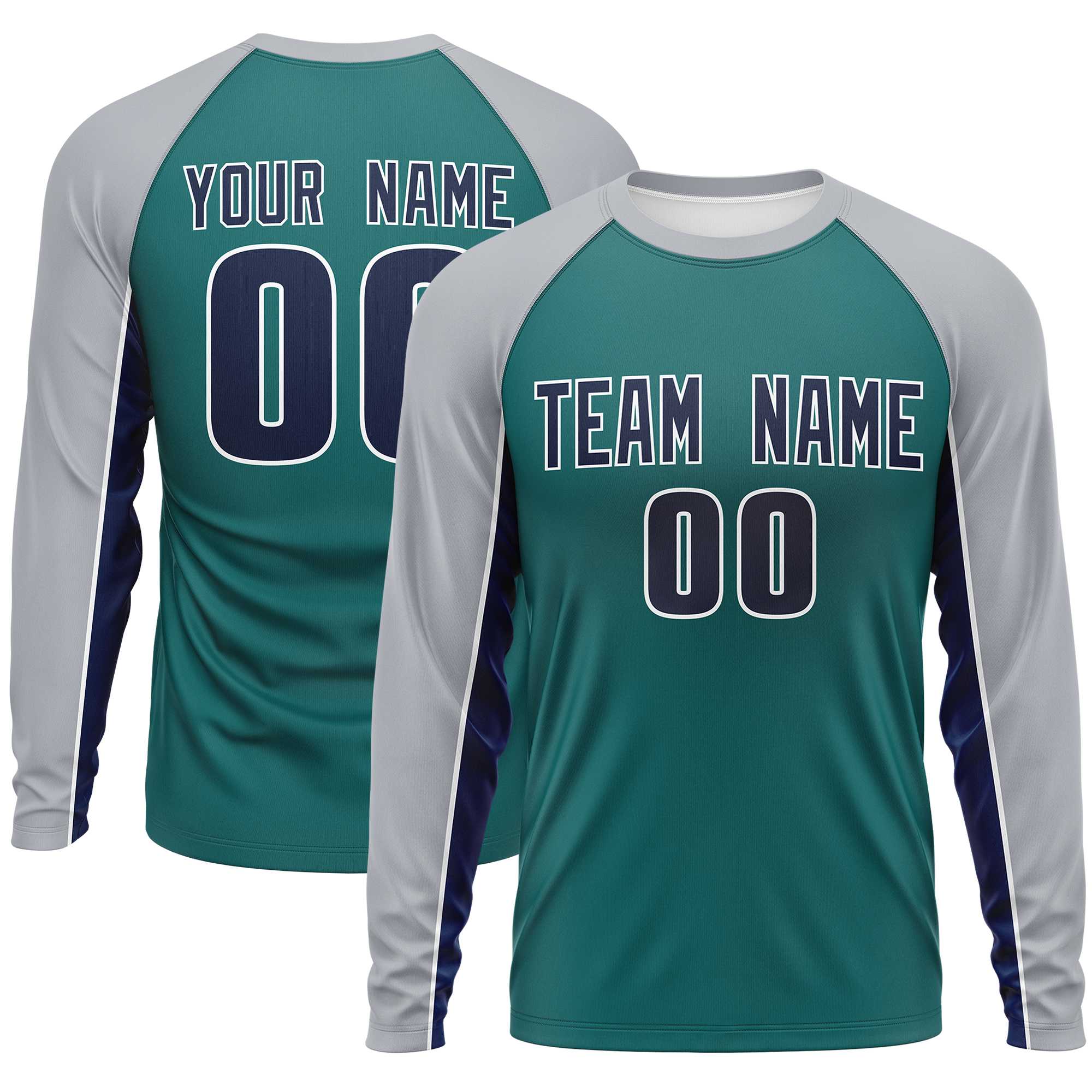 Custom Aqua Gray Crew Neck Raglan Long Sleeve Performance T-Shirt | KXKSHOP