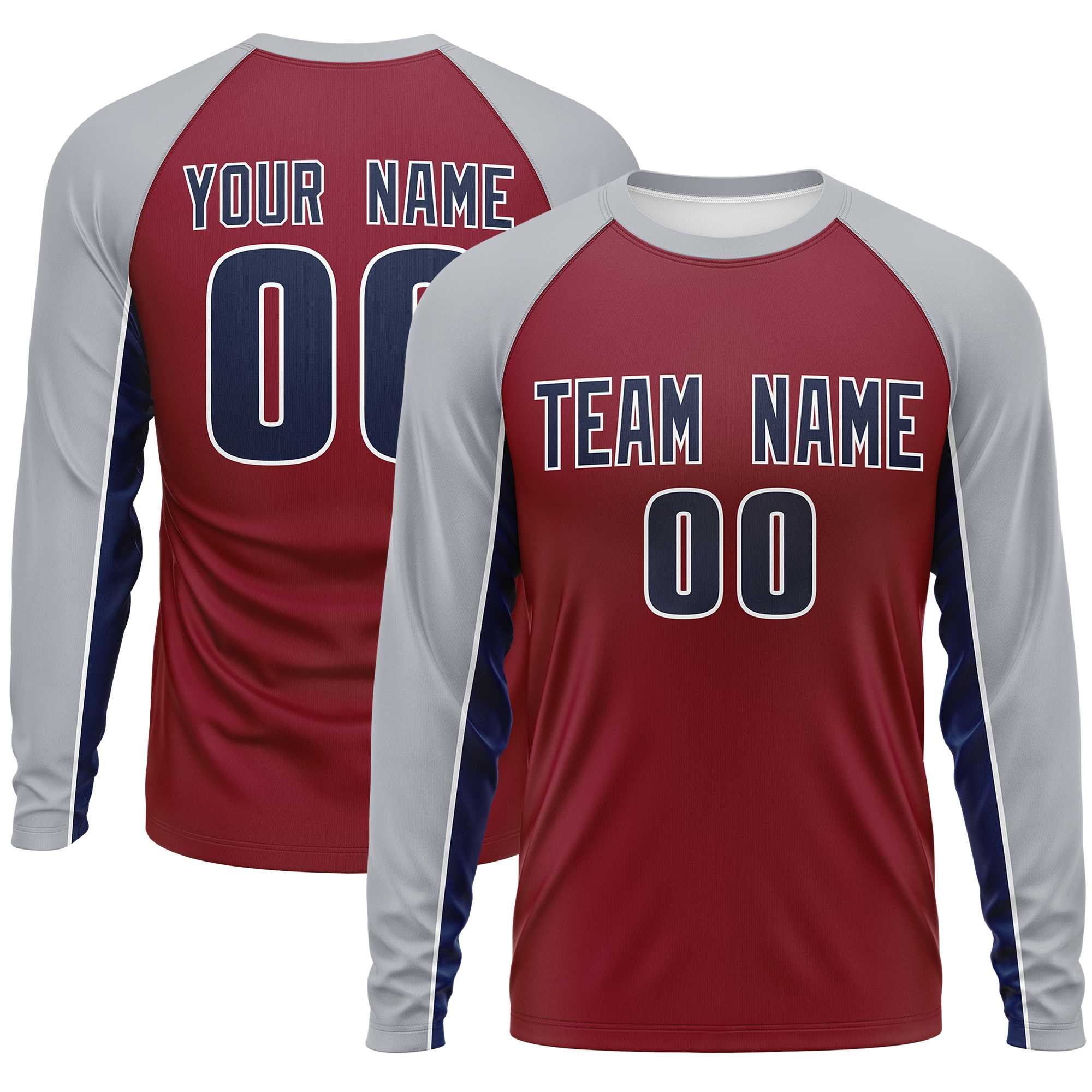 Custom Crimson Gray Crew Neck Raglan Long Sleeve Performance T-Shirt | KXKSHOP