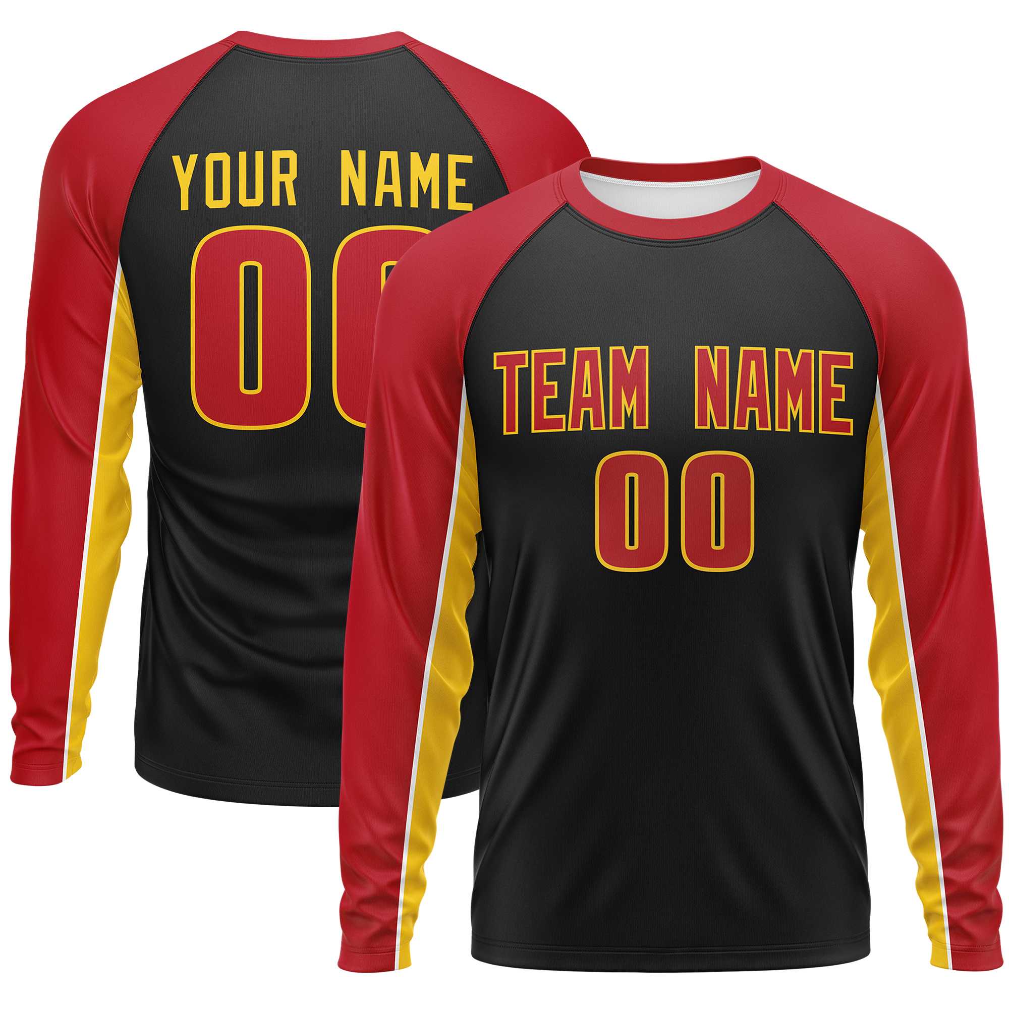 Custom Black Red Crew Neck Raglan Long Sleeve Performance T-Shirt | KXKSHOP