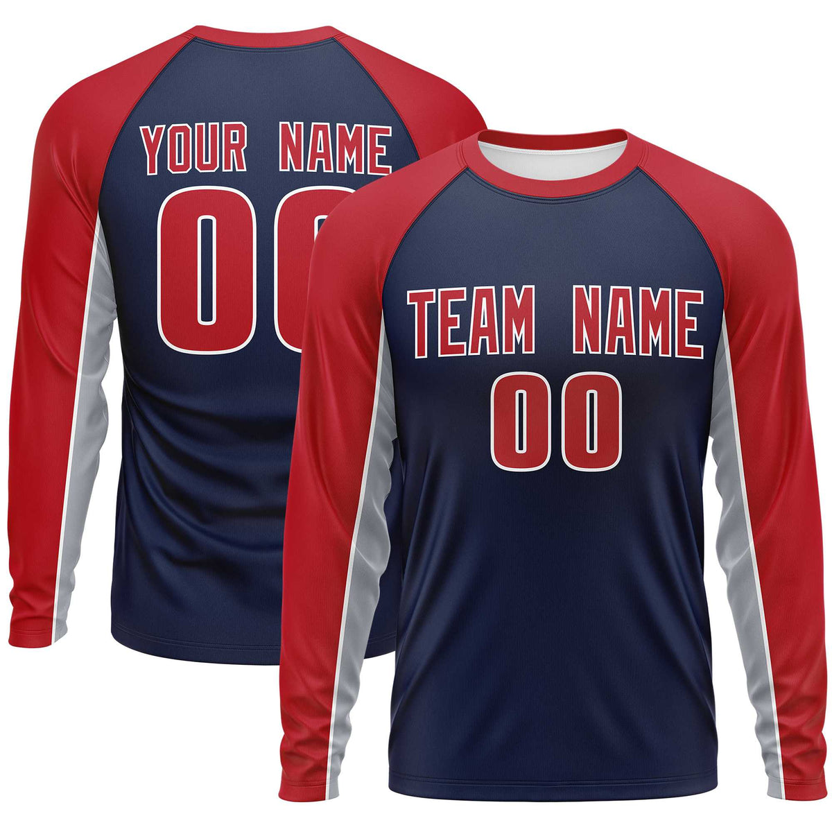 Custom Navy Red Crew Neck Raglan Long Sleeve Performance T-Shirt | KXKSHOP
