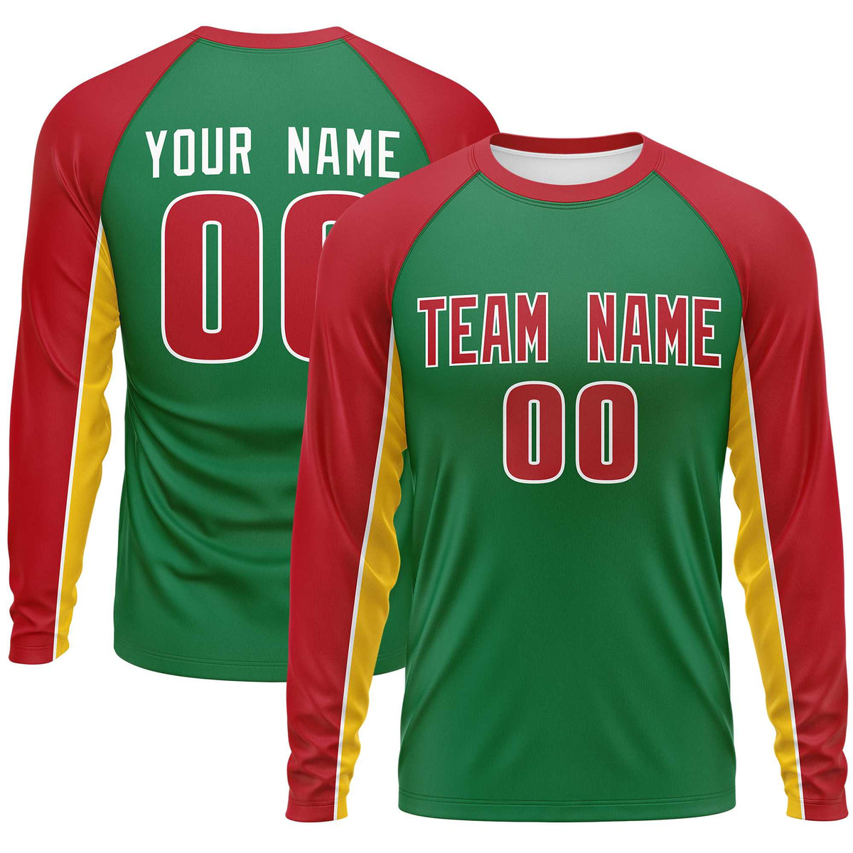 Custom Kelly Green Red Crew Neck Raglan Long Sleeve Performance T-Shirt | KXKSHOP