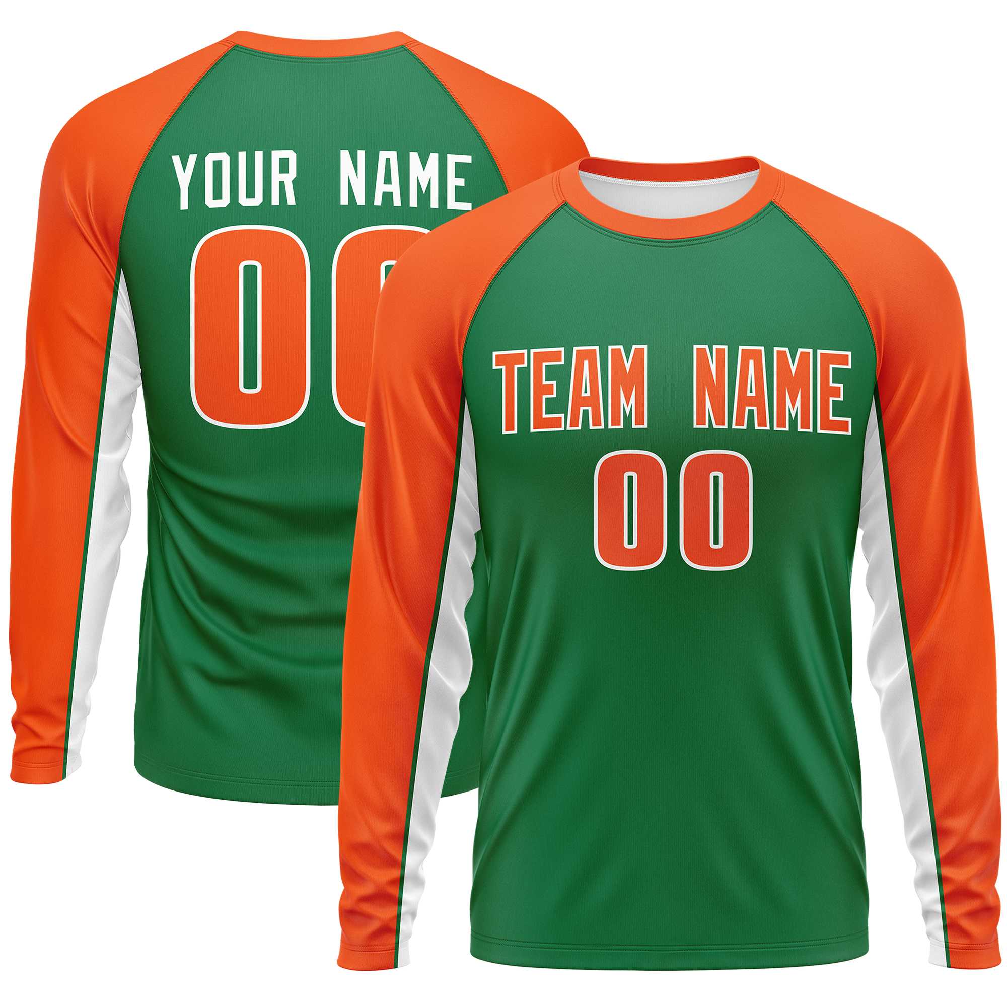 Custom Kelly Green Orange Crew Neck Raglan Long Sleeve Performance T-Shirt | KXKSHOP