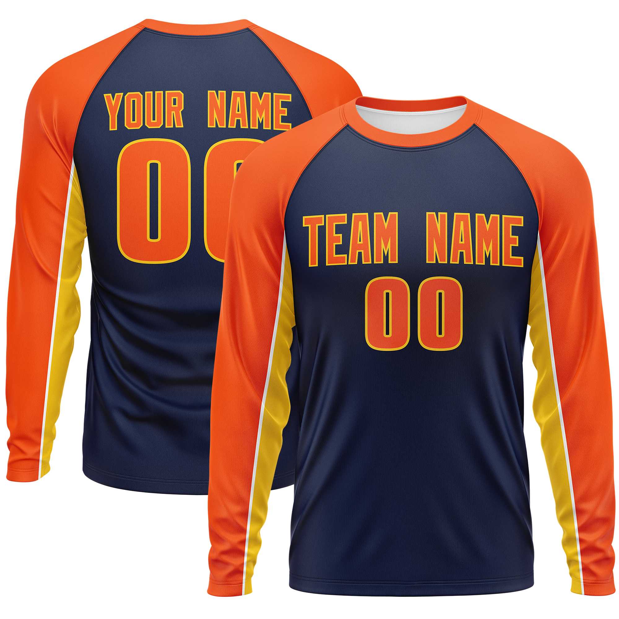 Custom Navy Orange Crew Neck Raglan Long Sleeve Performance T-Shirt | KXKSHOP