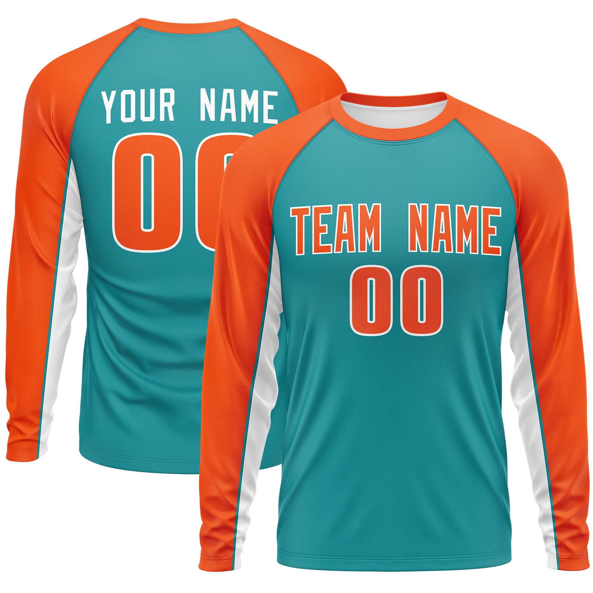 Custom Aqua Orange Crew Neck Raglan Long Sleeve Performance T-Shirt | KXKSHOP