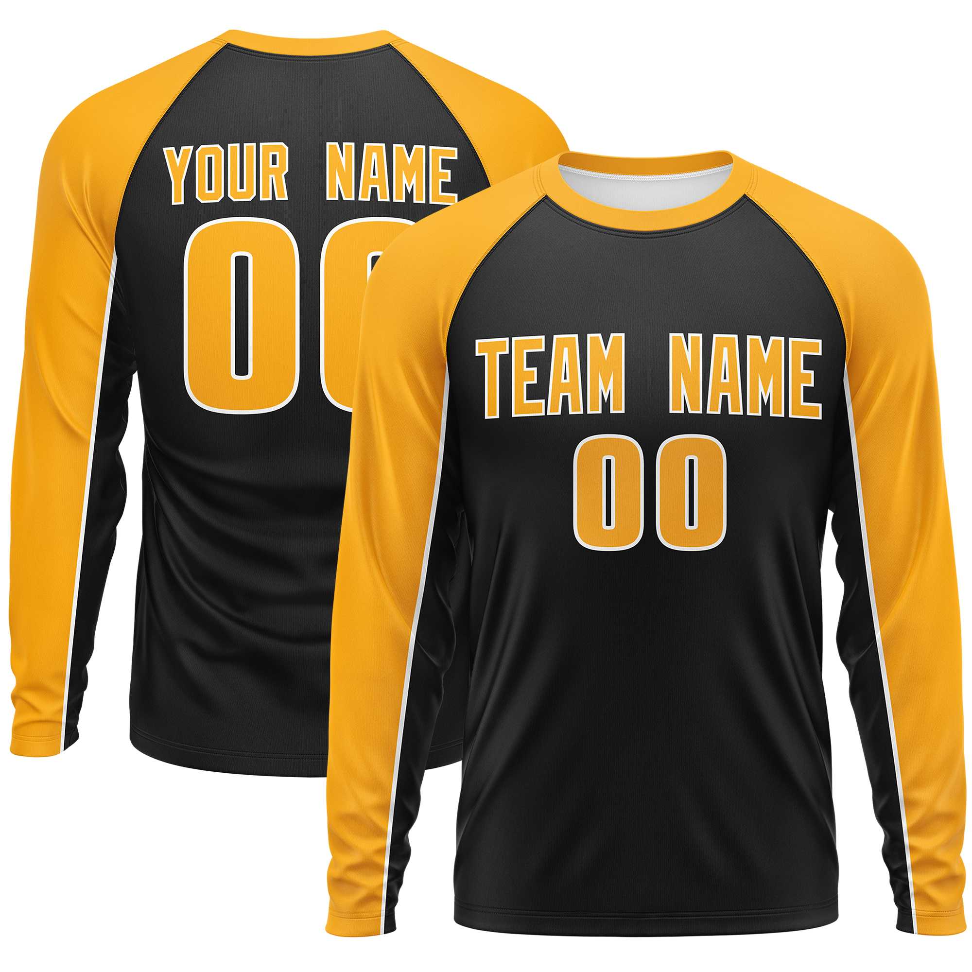 Custom Black Yellow Crew Neck Raglan Long Sleeve Performance T-Shirt | KXKSHOP