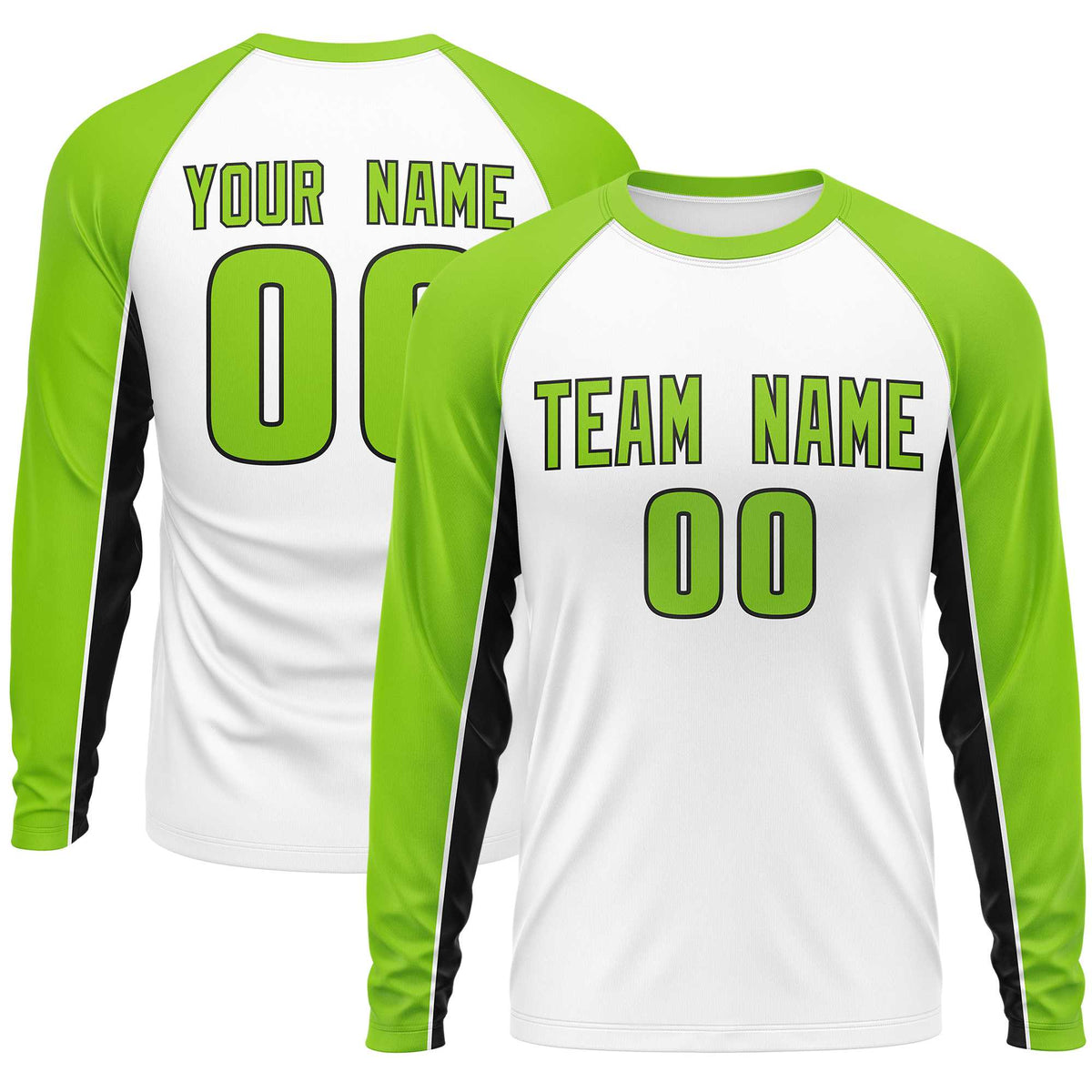 Custom White Neon Green Crew Neck Raglan Long Sleeve Performance T-Shirt | KXKSHOP