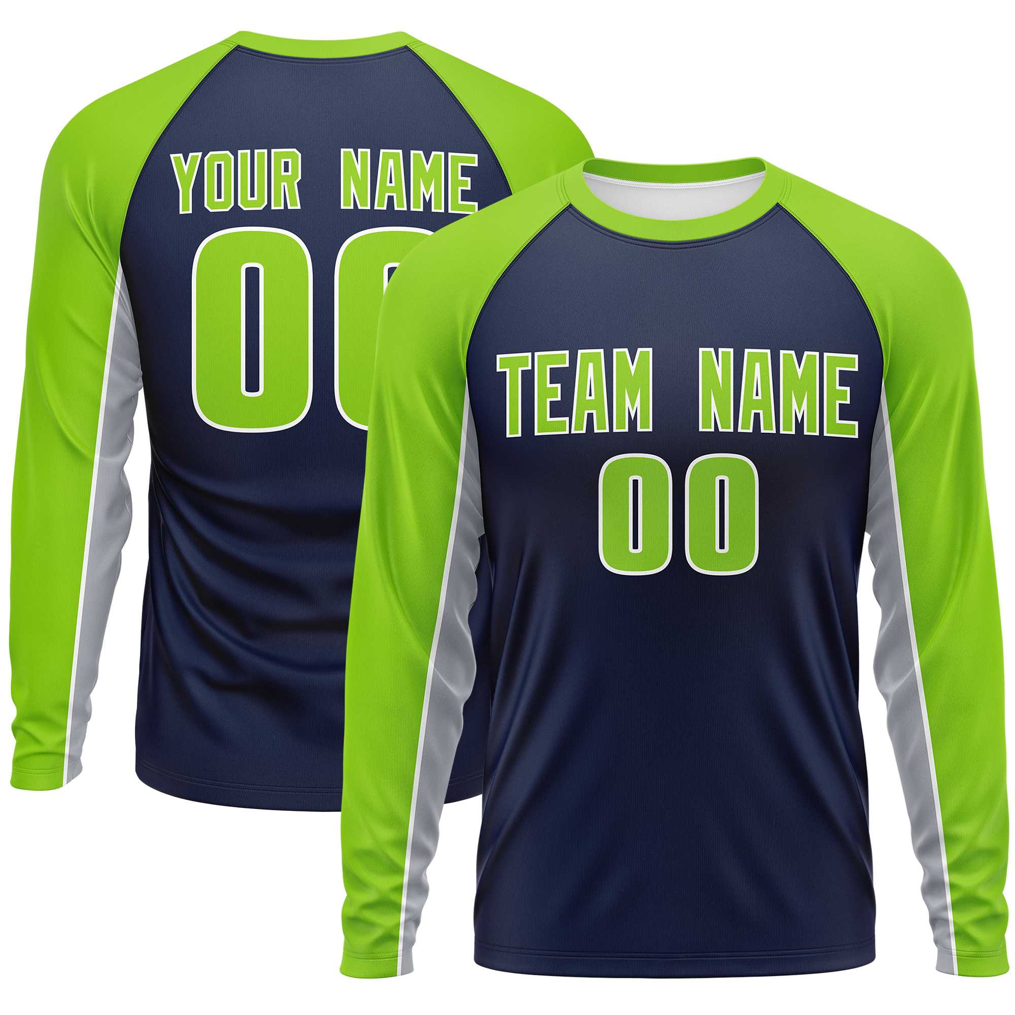 Custom Navy Neon Green Crew Neck Raglan Long Sleeve Performance T-Shirt | KXKSHOP