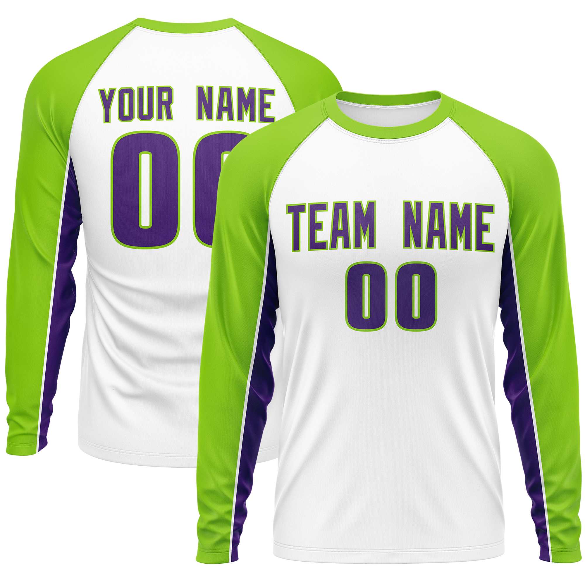 Custom White Neon Green Crew Neck Raglan Long Sleeve Performance T-Shirt | KXKSHOP