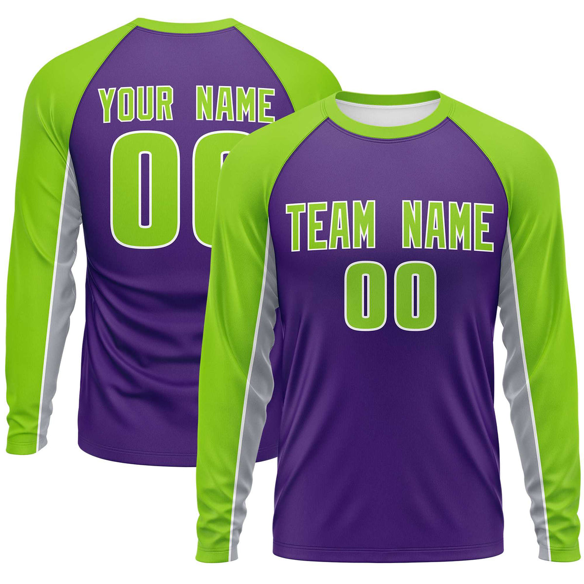 Custom Purple Neon Green Crew Neck Raglan Long Sleeve Performance T-Shirt | KXKSHOP