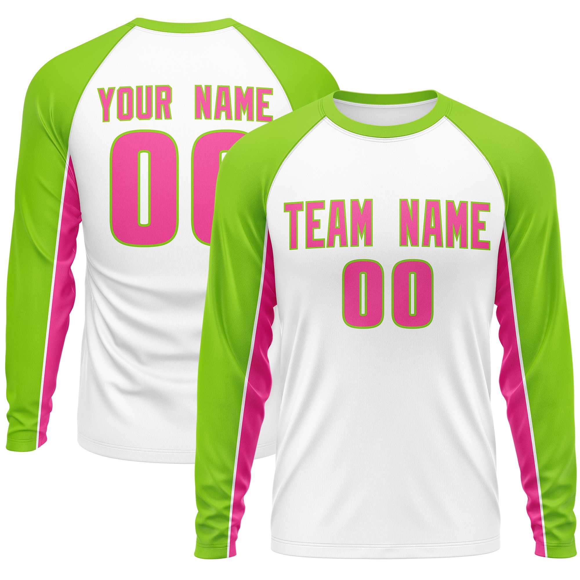 Custom White Neon Green Crew Neck Raglan Long Sleeve Performance T-Shirt | KXKSHOP