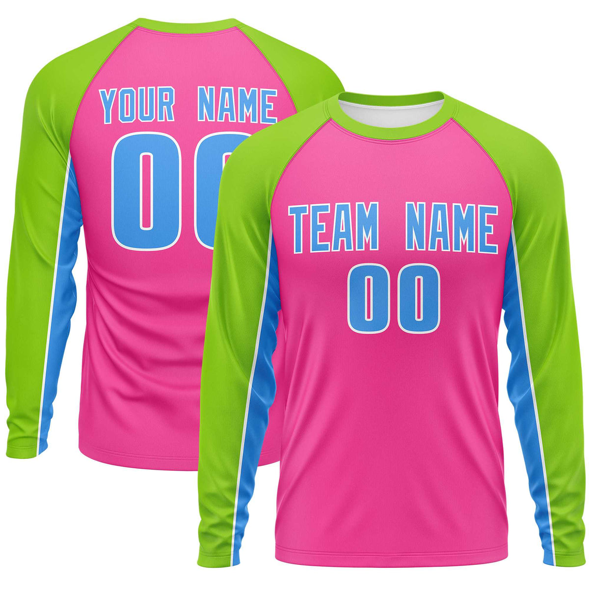 Custom Pink Neon Green Crew Neck Raglan Long Sleeve Performance T-Shirt | KXKSHOP