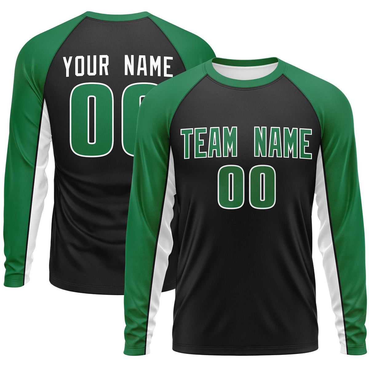 Custom Black Kelly Green Crew Neck Raglan Long Sleeve Performance T-Shirt | KXKSHOP