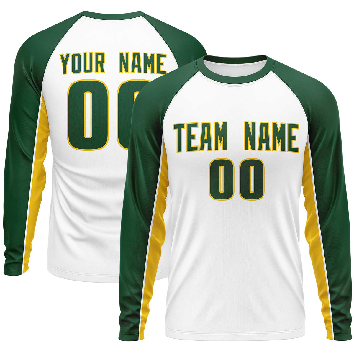 Custom White Green Crew Neck Raglan Long Sleeve Performance T-Shirt | KXKSHOP