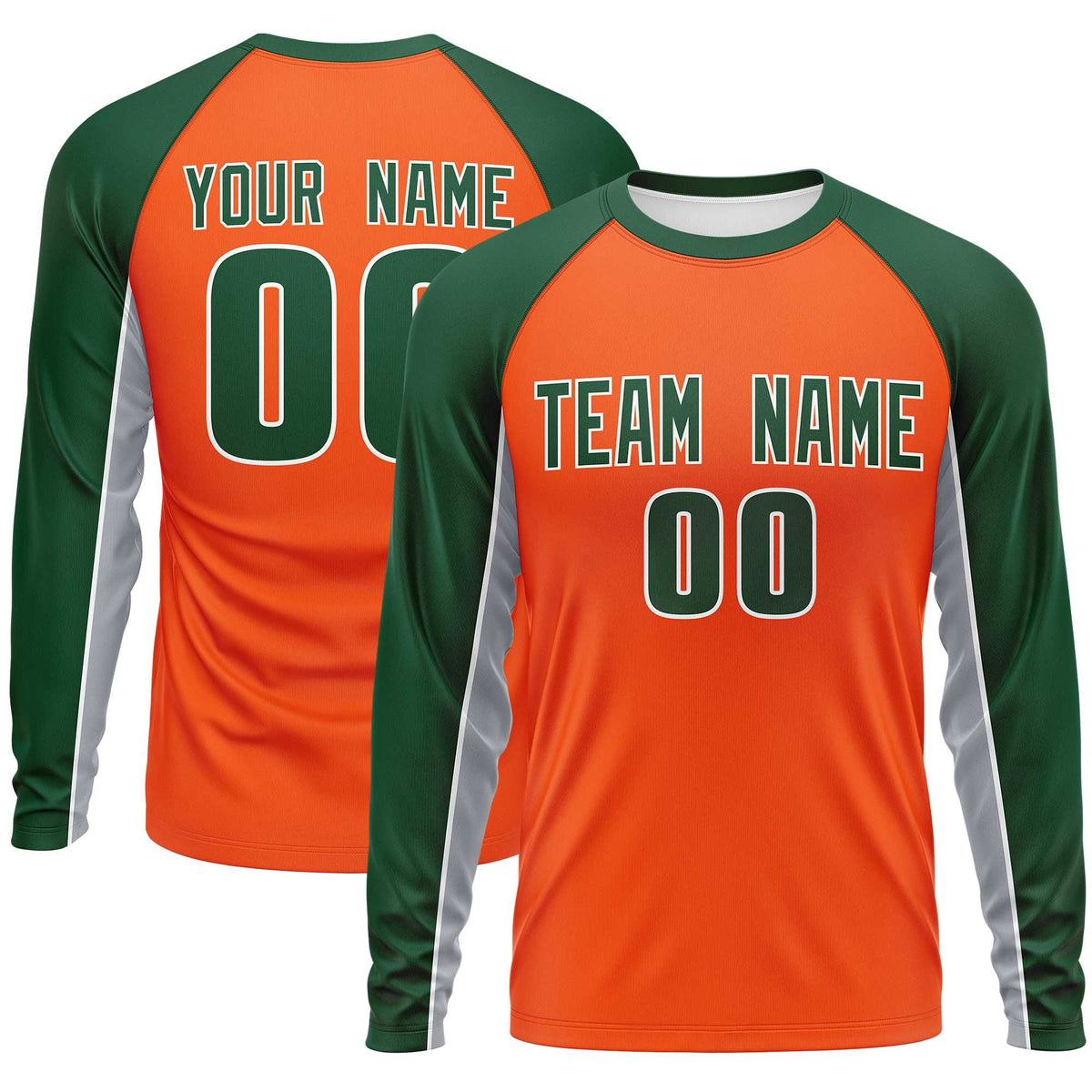 Custom Orange Green Crew Neck Raglan Long Sleeve Performance T-Shirt | KXKSHOP