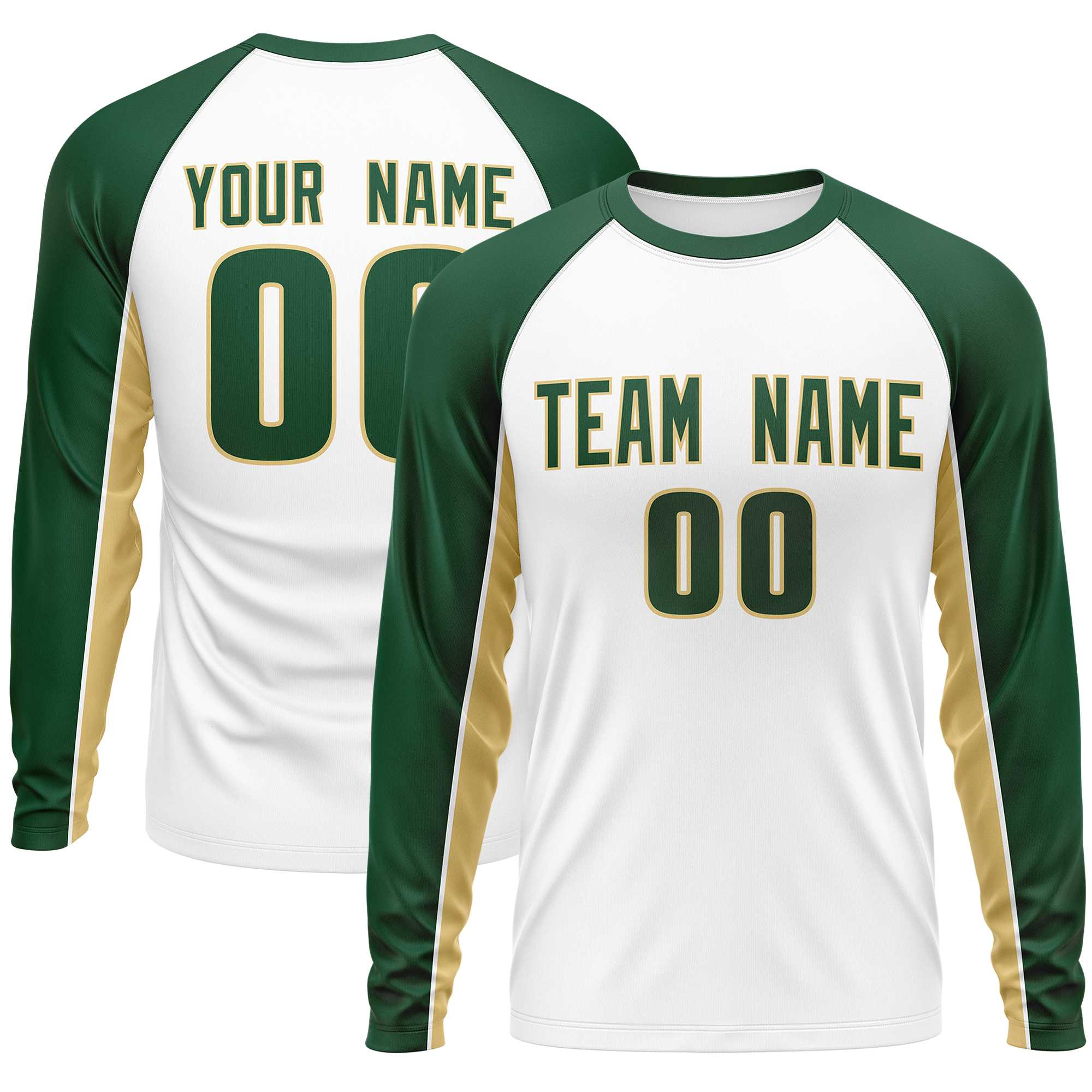 Custom White Green Crew Neck Raglan Long Sleeve Performance T-Shirt | KXKSHOP