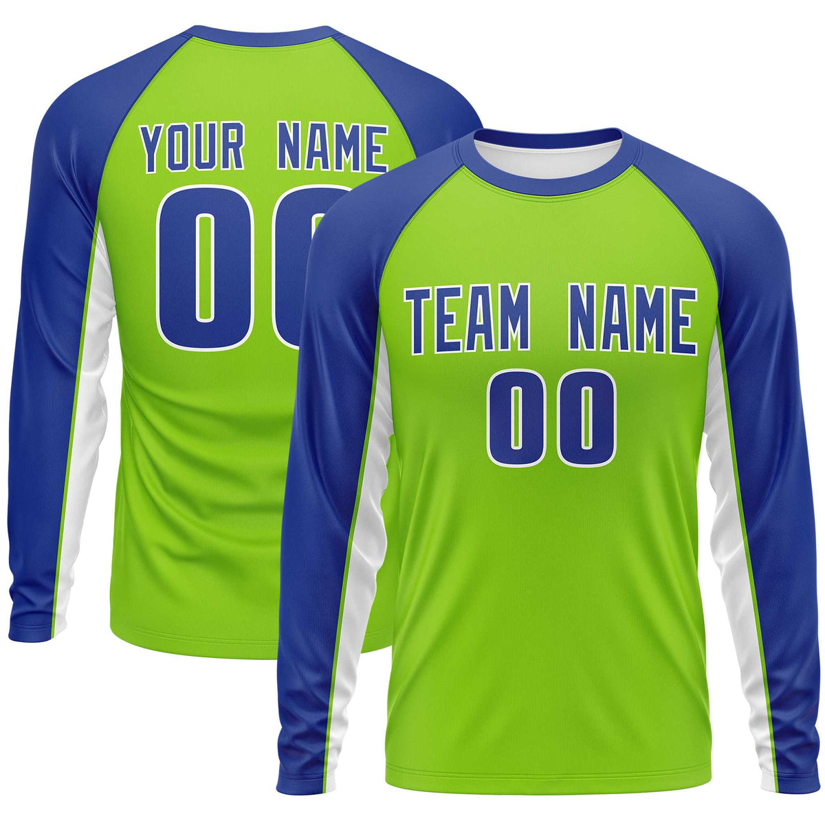 Custom Neon Green Royal Crew Neck Raglan Long Sleeve Performance T-Shirt | KXKSHOP