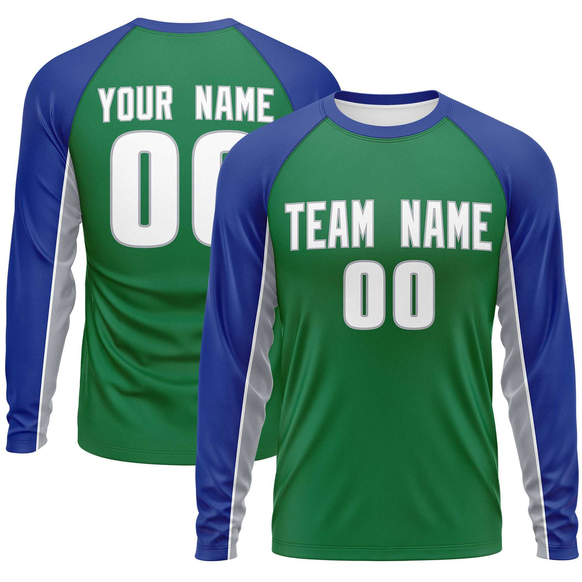 Custom Kelly Green Royal Crew Neck Raglan Long Sleeve Performance T-Shirt | KXKSHOP