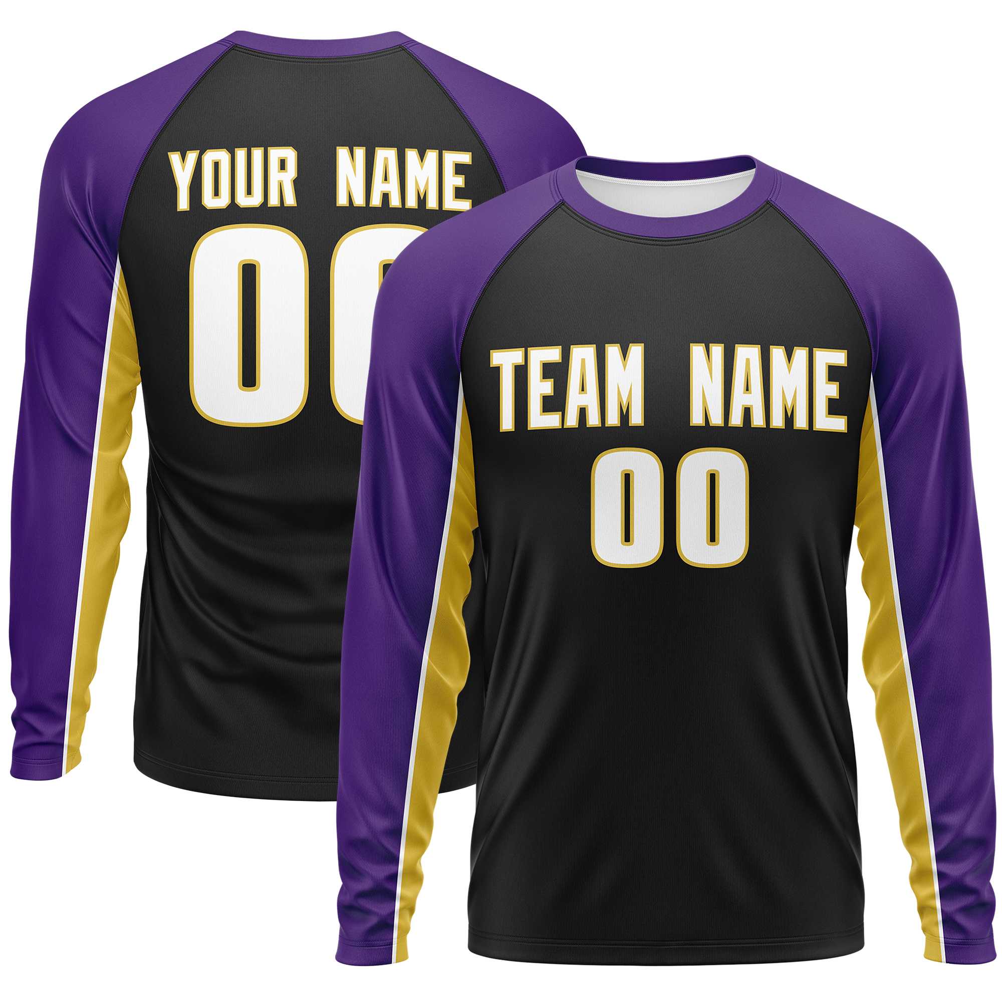 Custom Black Purple Crew Neck Raglan Long Sleeve Performance T-Shirt | KXKSHOP