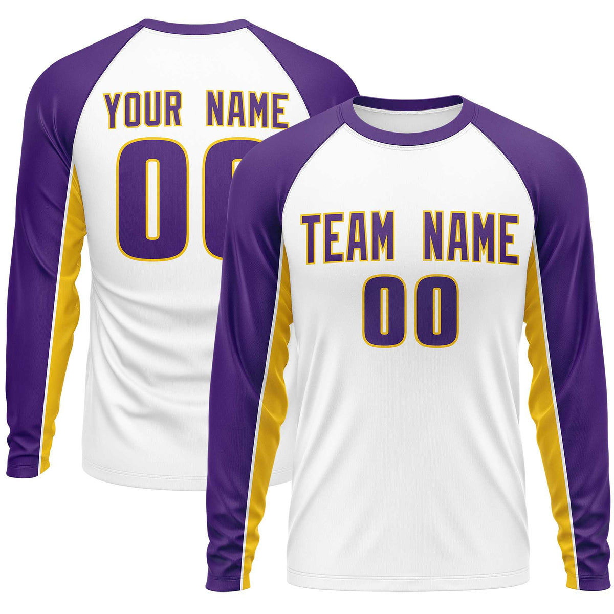 Custom White Purple Crew Neck Raglan Long Sleeve Performance T-Shirt | KXKSHOP
