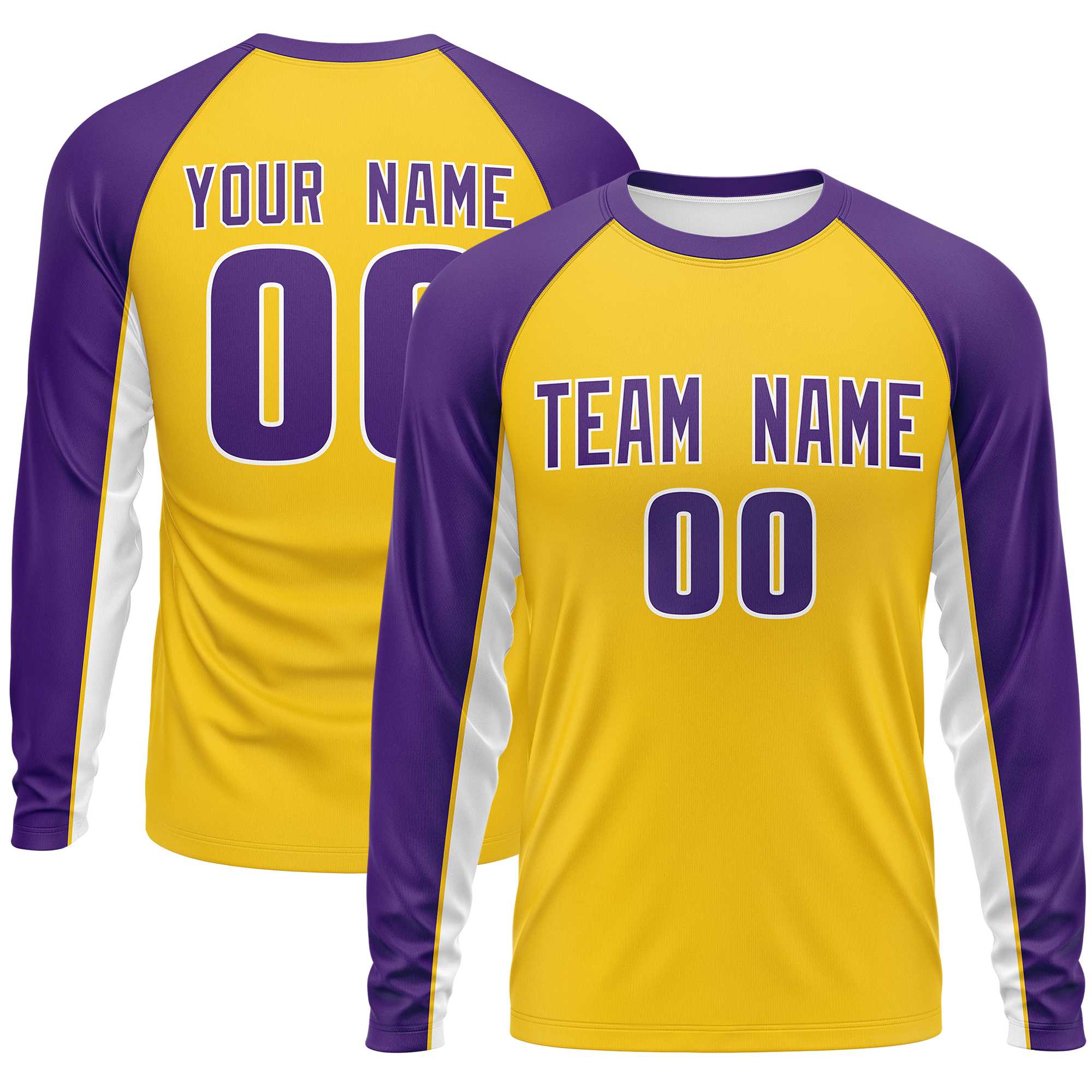 Custom Gold Purple Crew Neck Raglan Long Sleeve Performance T-Shirt | KXKSHOP