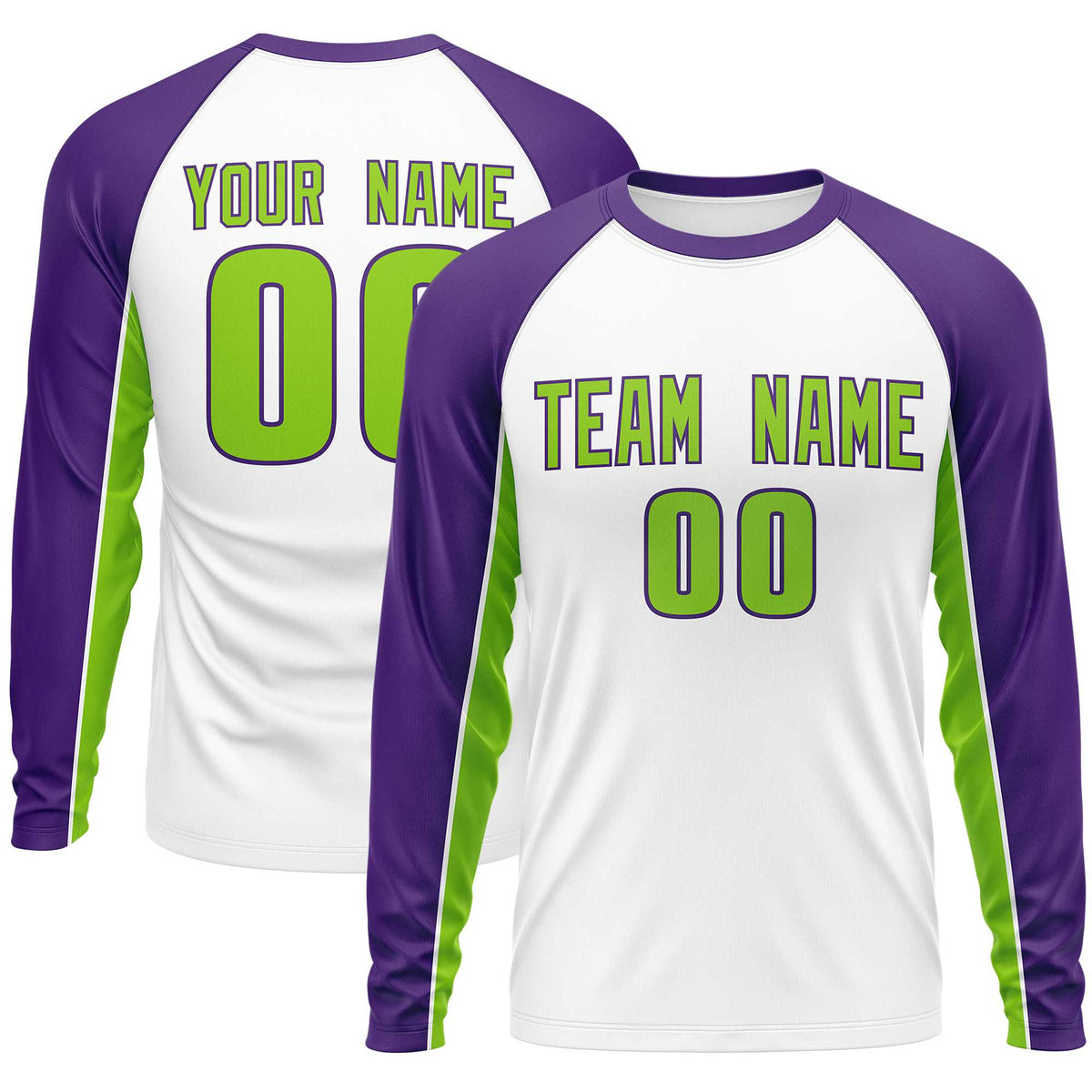 Custom White Purple Crew Neck Raglan Long Sleeve Performance T-Shirt | KXKSHOP