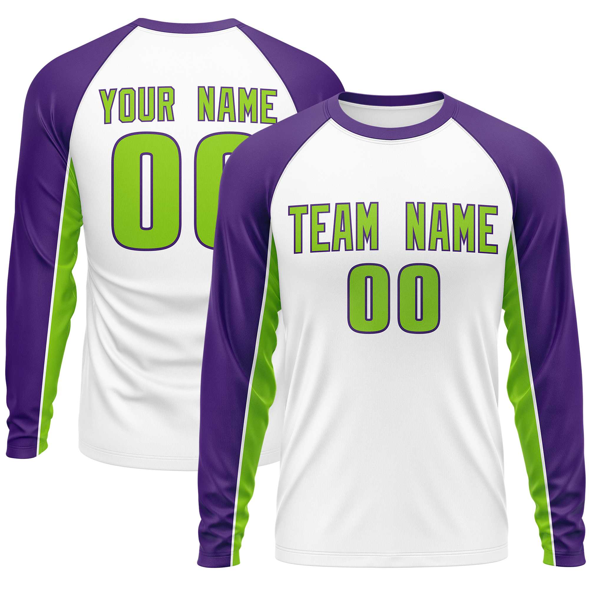 Custom White Purple Crew Neck Raglan Long Sleeve Performance T-Shirt | KXKSHOP
