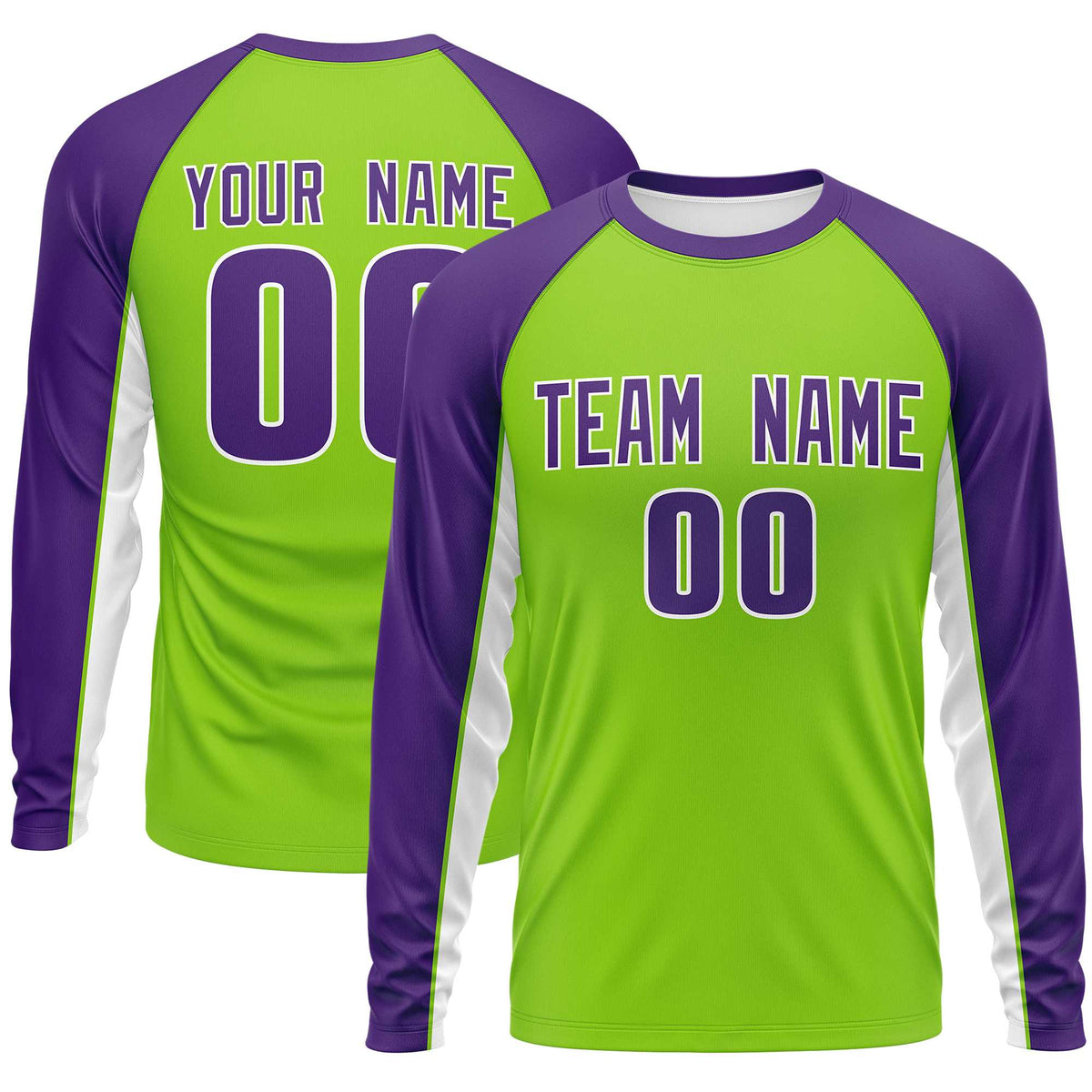 Custom Neon Green Purple Crew Neck Raglan Long Sleeve Performance T-Shirt | KXKSHOP