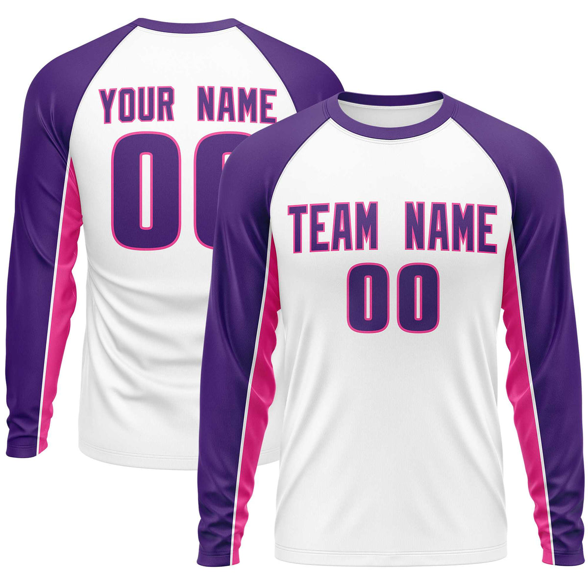 Custom White Purple Crew Neck Raglan Long Sleeve Performance T-Shirt | KXKSHOP