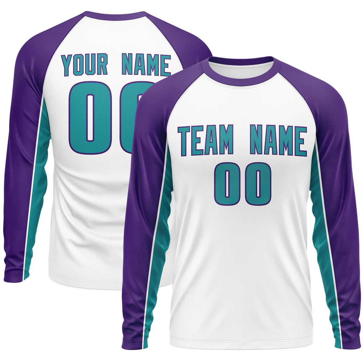 Custom White Purple Crew Neck Raglan Long Sleeve Performance T-Shirt | KXKSHOP