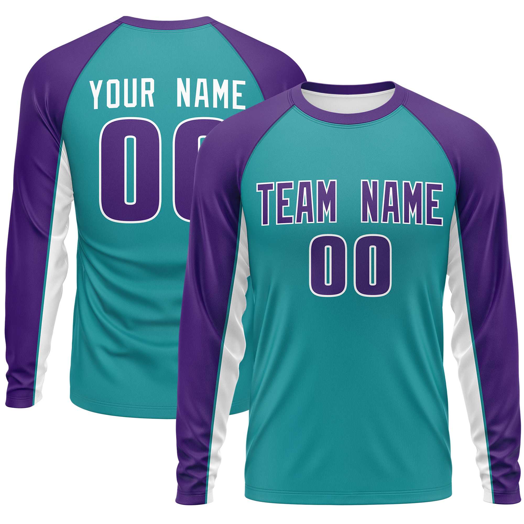 Custom Aqua Purple Crew Neck Raglan Long Sleeve Performance T-Shirt | KXKSHOP