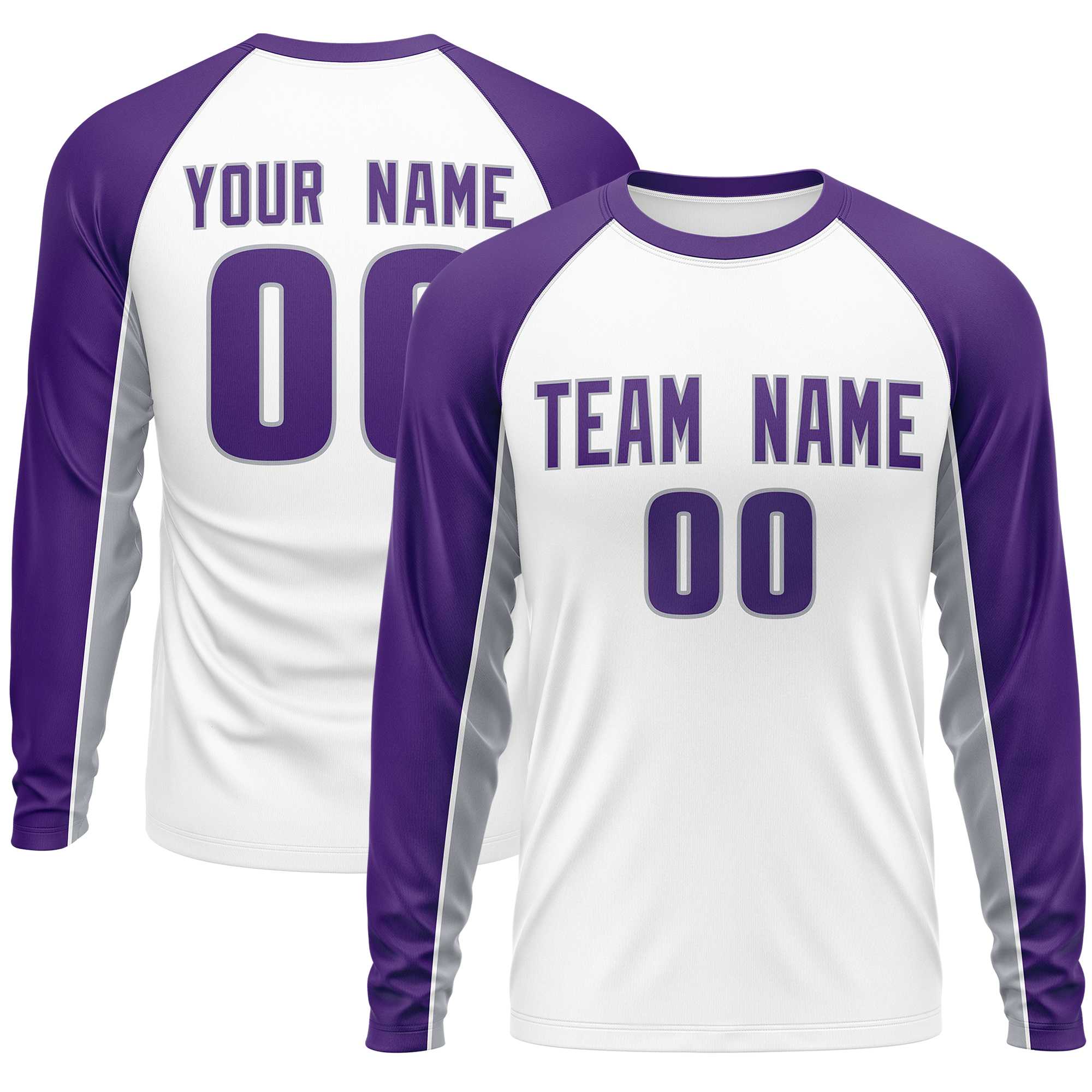 Custom White Purple Crew Neck Raglan Long Sleeve Performance T-Shirt | KXKSHOP