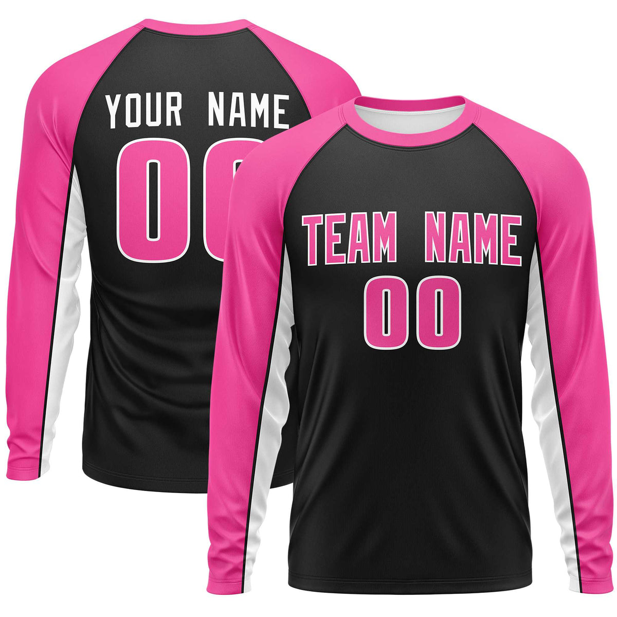 Custom Black Pink Crew Neck Raglan Long Sleeve Performance T-Shirt | KXKSHOP