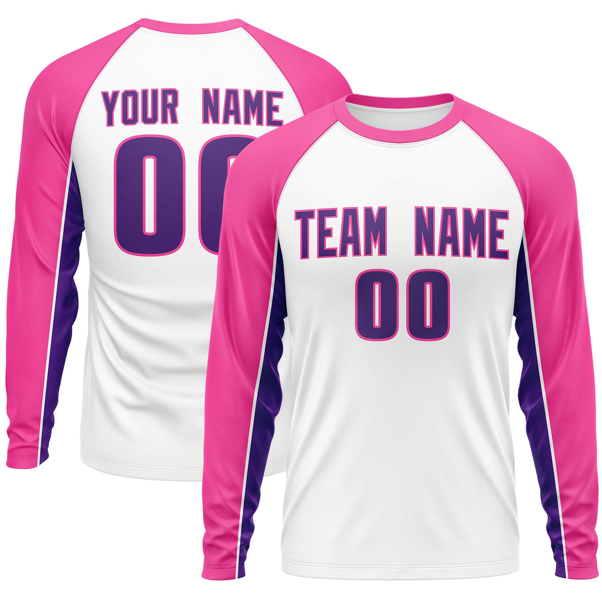 Custom White Pink Crew Neck Raglan Long Sleeve Performance T-Shirt | KXKSHOP