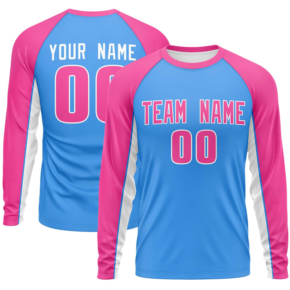 Custom Powder Blue Pink Crew Neck Raglan Long Sleeve Performance T-Shirt | KXKSHOP