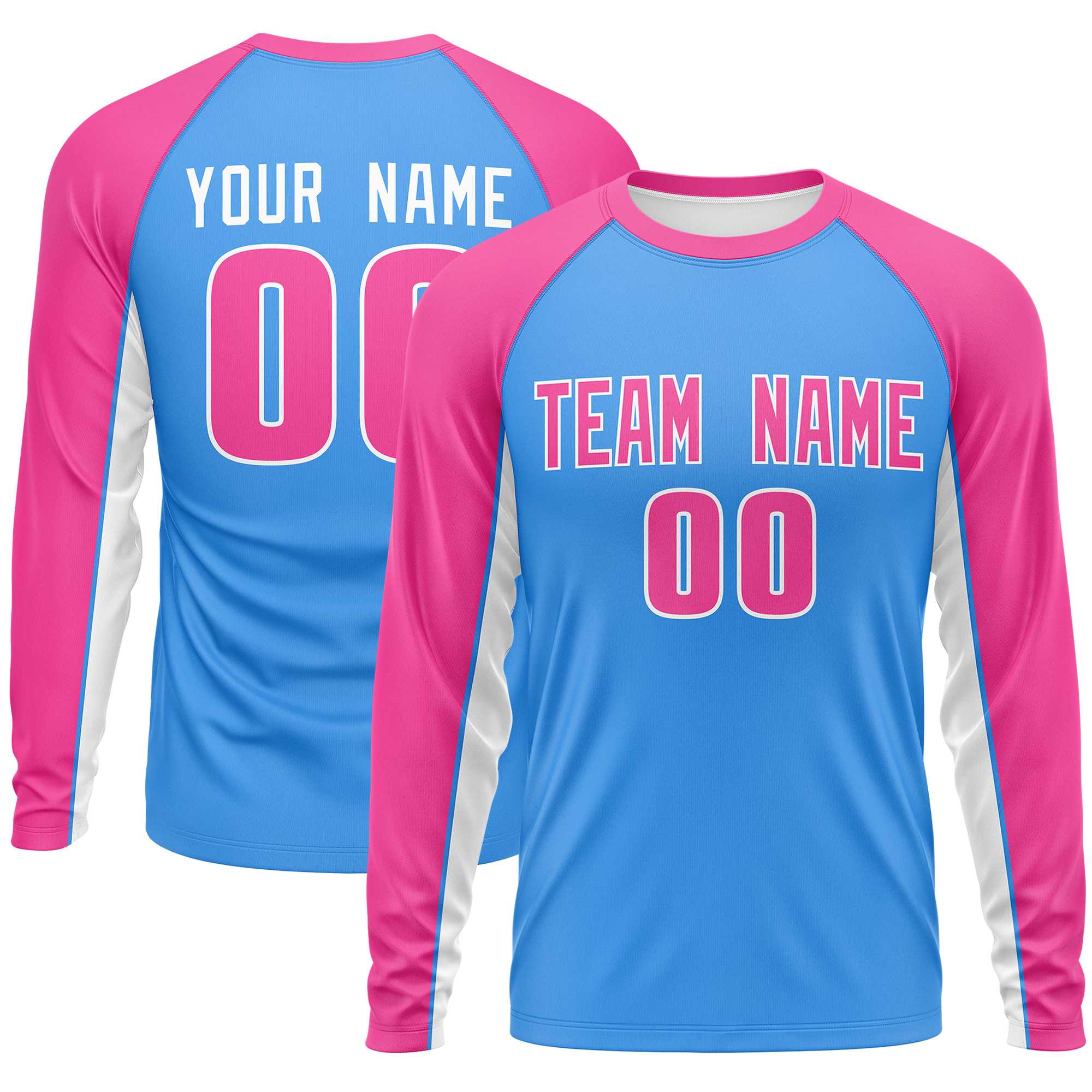 Custom Powder Blue Pink Crew Neck Raglan Long Sleeve Performance T-Shirt | KXKSHOP